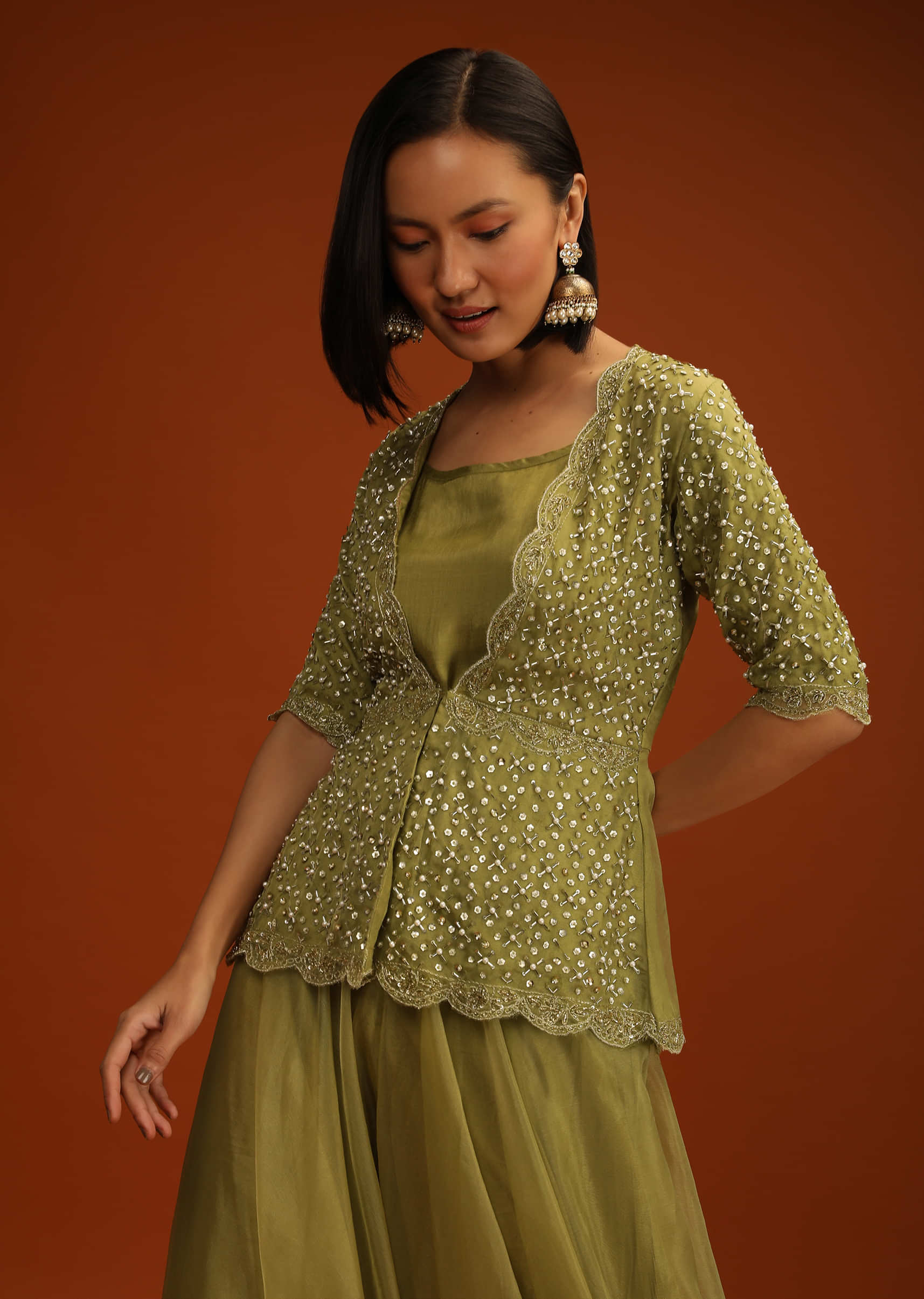 Moss Green Palazzo And Peplum Suit In Organza With Flower Sequins And Cut Dana Work