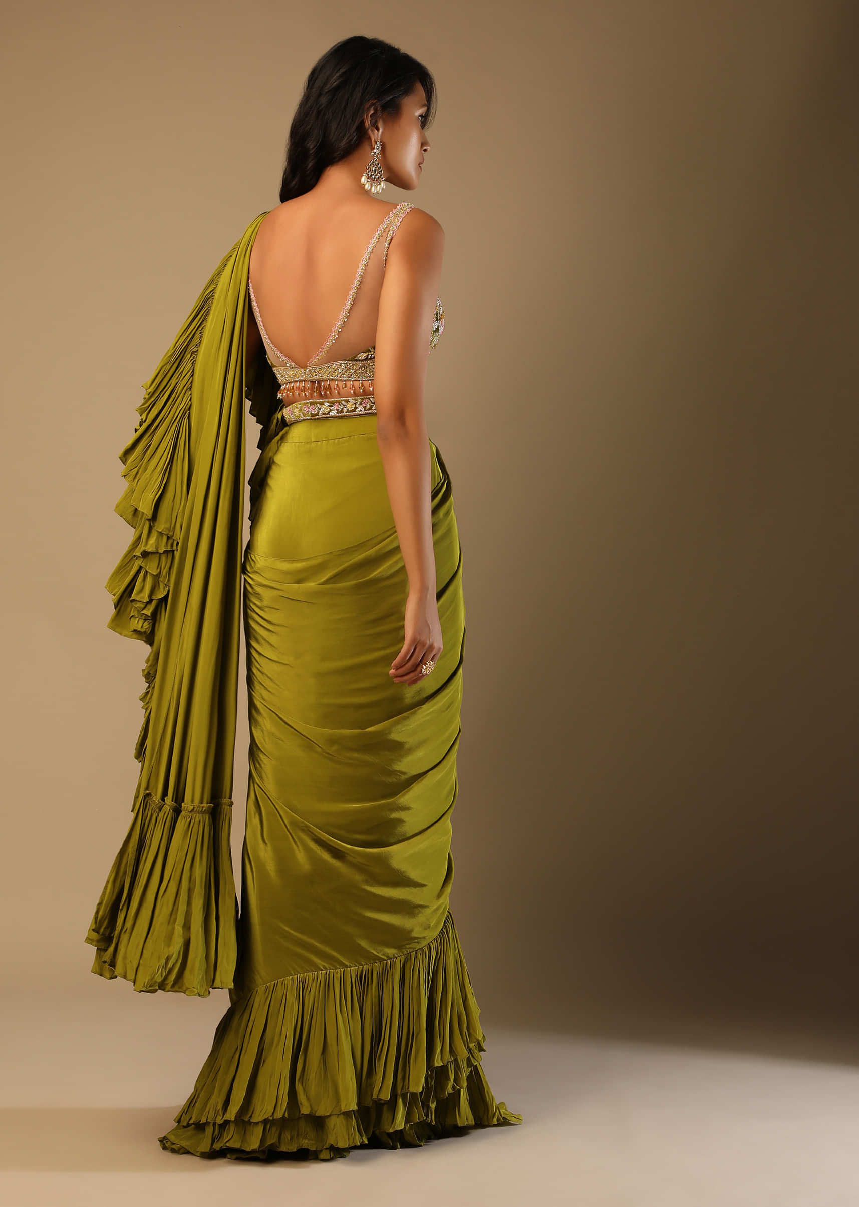 Moss Green Ready Pleated Ruffle Saree In Crepe With Multi Colored Hand Embroidered Floral Blouse 