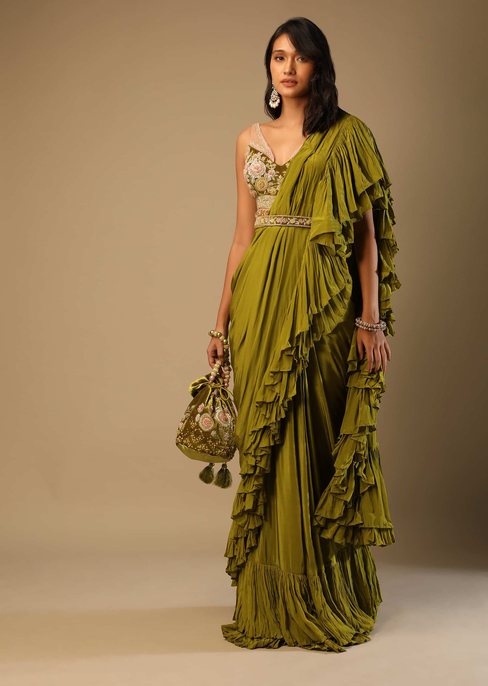Moss Green Ready Pleated Ruffle Saree In Crepe With Multi Colored Hand Embroidered Floral Blouse 