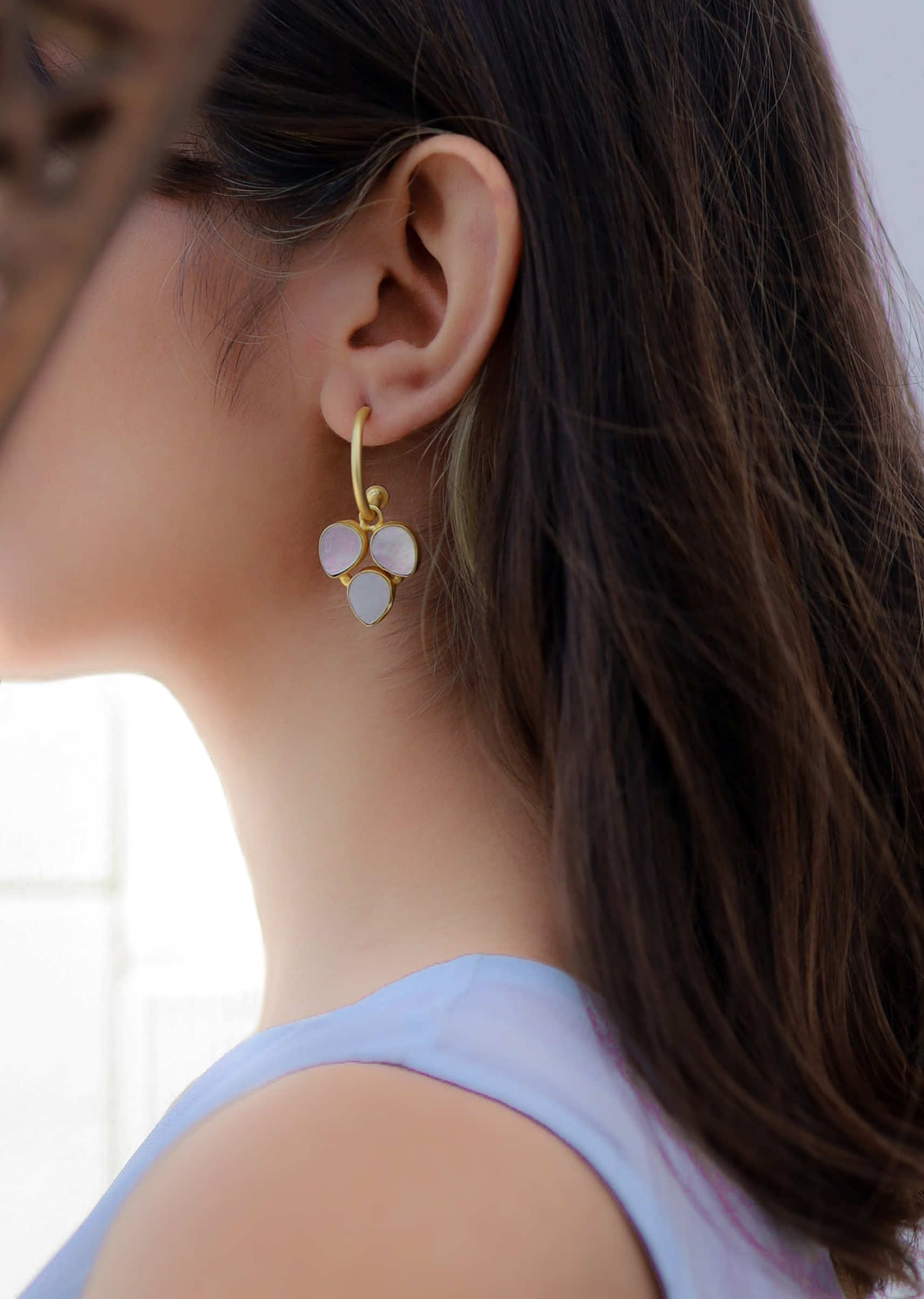 Mother Of Pearl Earrings Hanged In A Gold Design Hoop