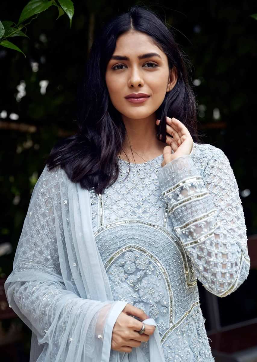 Mrunal Thakur in Kalki Brittany Blue Suit In Embroidered Net With Matching Georgette Sharara 