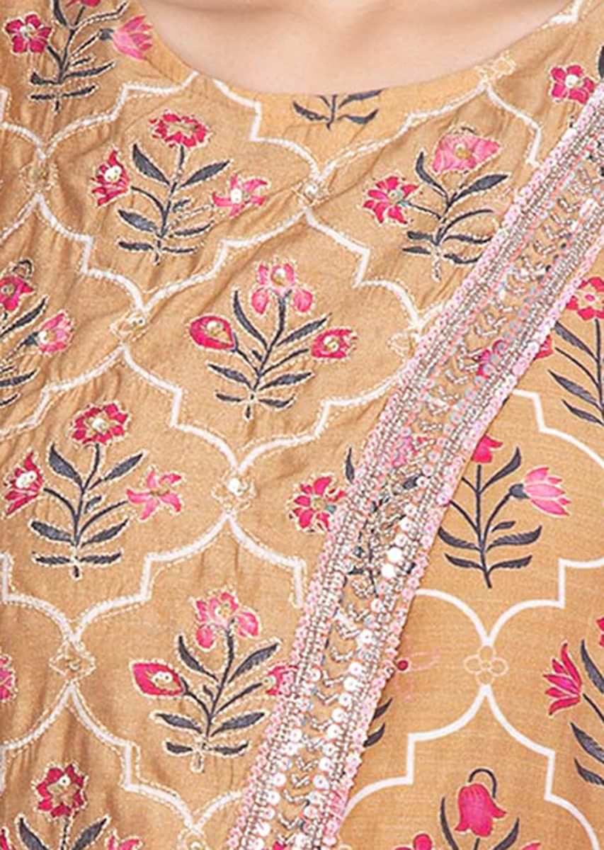 Mud Brown Aangrakha Style Printed Suit With Matching Straight Pant Online - Kalki Fashion