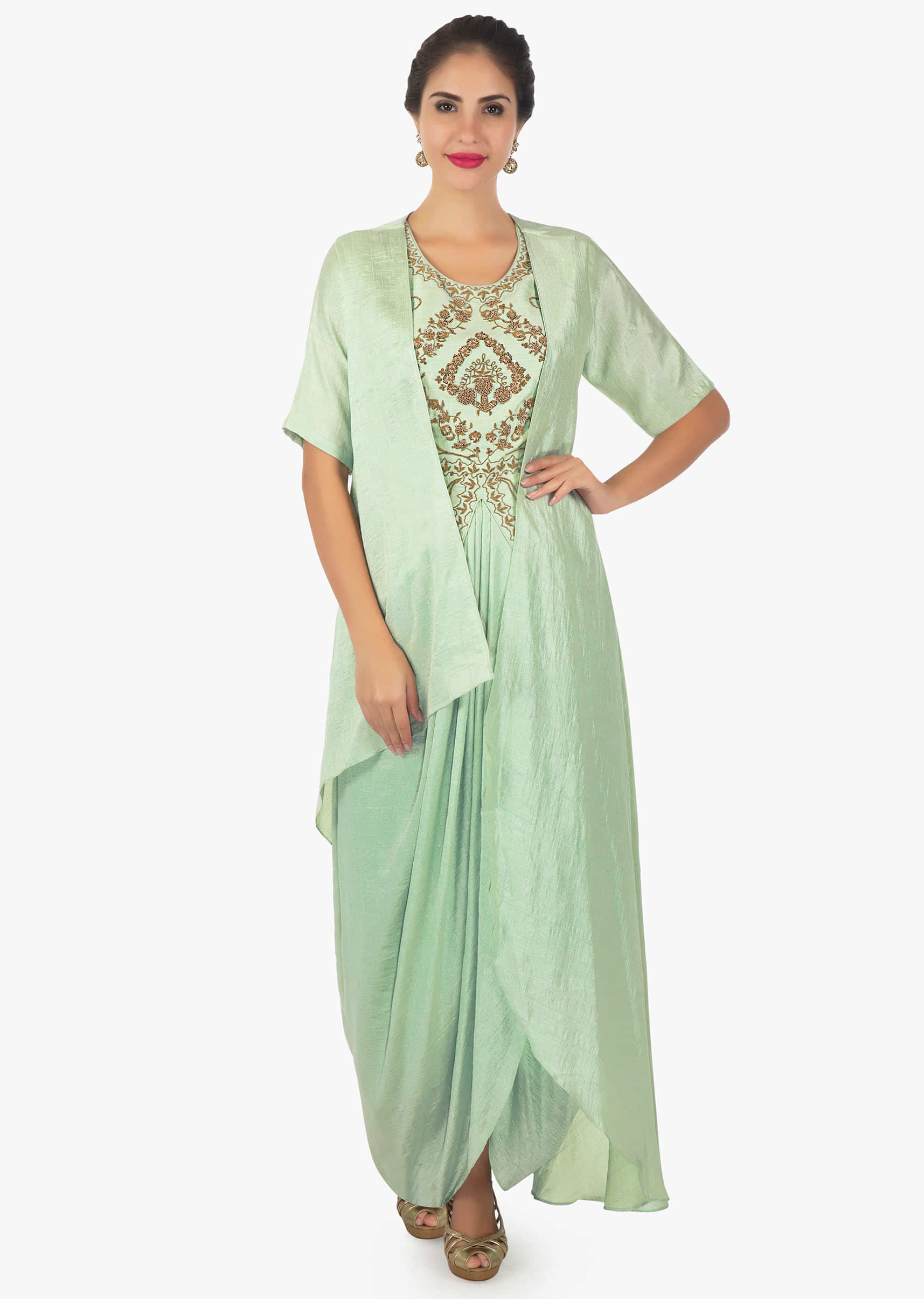 Mud green raw silk crepe dress  paired with a asymmetric jacket only on Kalki