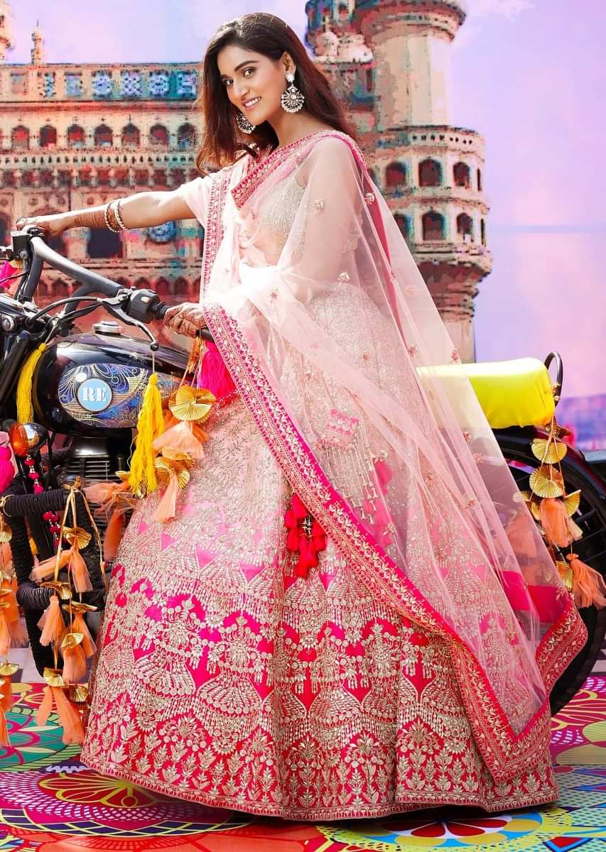 Mukti Mohan in Kalki pink shaded heavy embroidered raw silk lehenga set