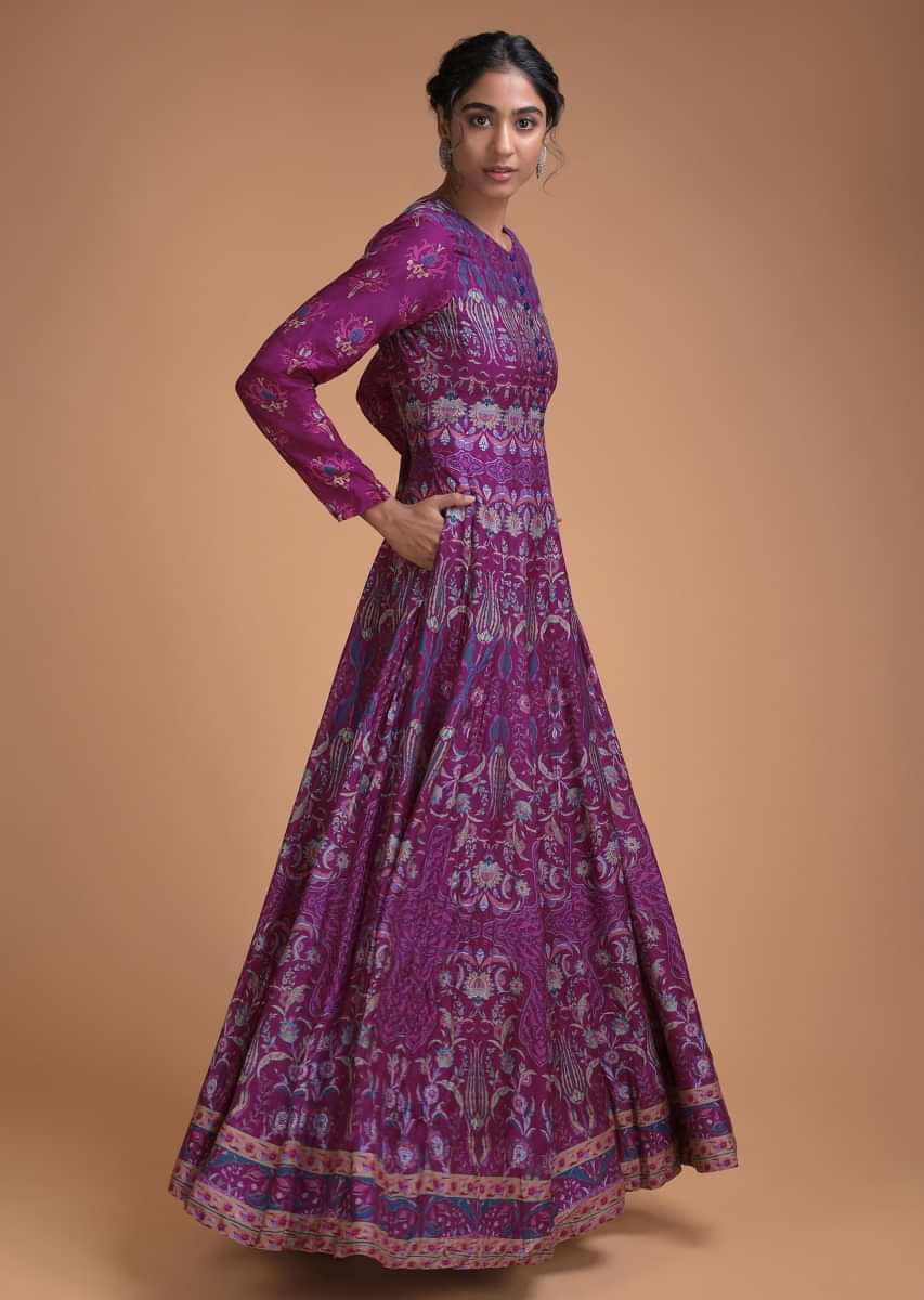 Buy Mulberry Purple Anarkali Dress In Santoon With Floral Jaal Print ...