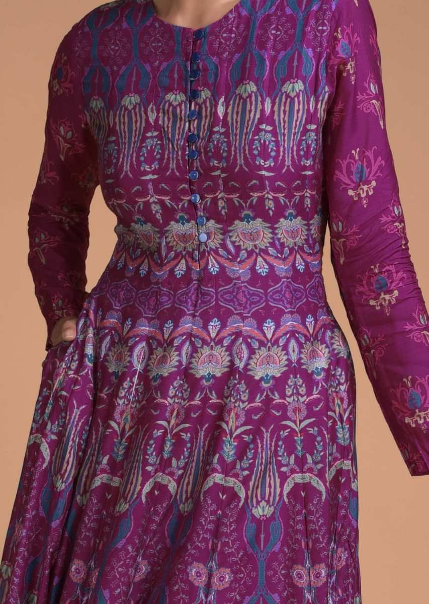 Buy Mulberry Purple Anarkali Dress In Santoon With Floral Jaal Print ...