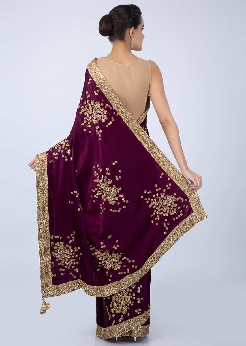 Mulberry purple satin saree with but and heavy embroidered border only on kalki