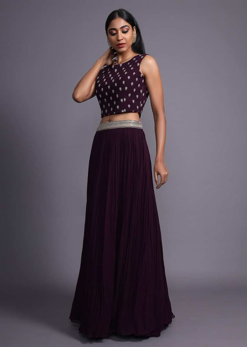 Buy Mulberry Purple Skirt And Crop Top With A Long Jacket Embellished With  Resham And Cut Dana Work Online - Kalki Fashion