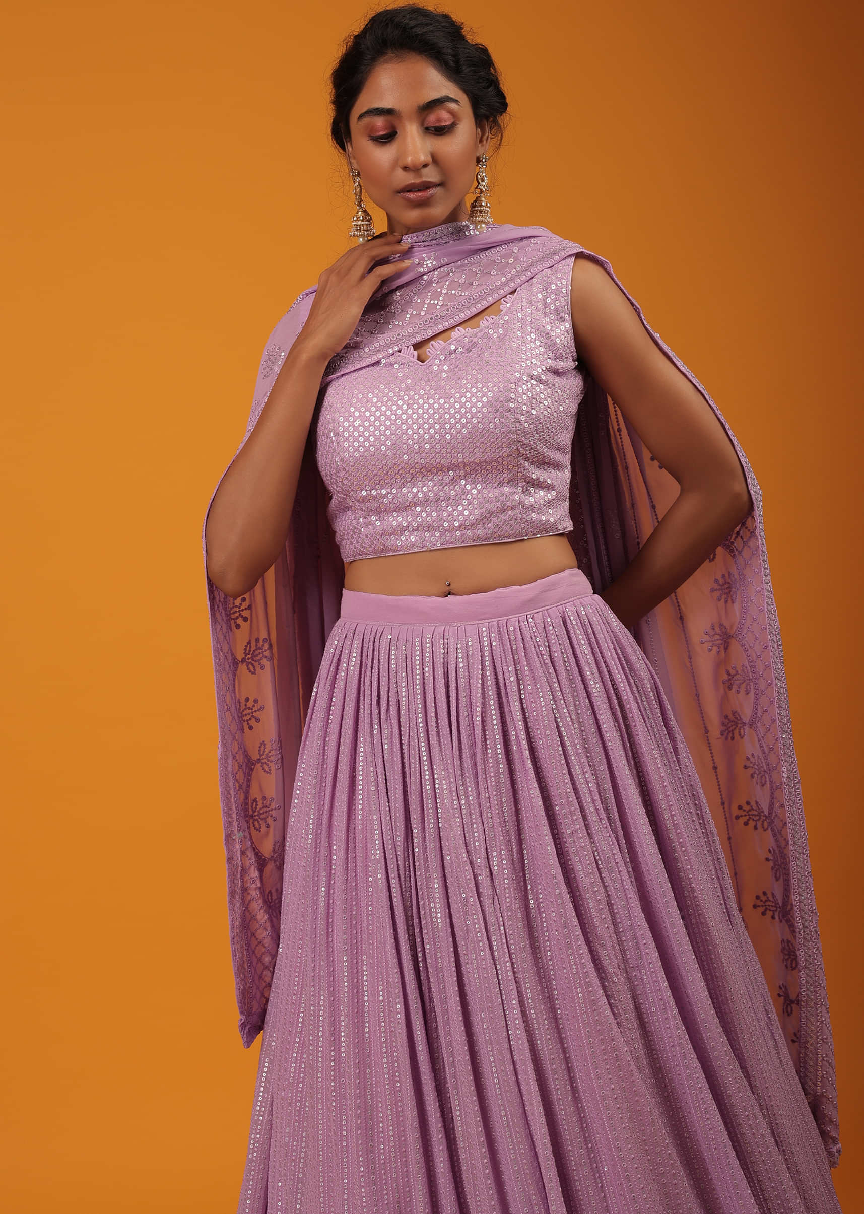 Mulberry Purple Lehenga and Crop Top In Georgette With Lucknow Thread And Sequins Embellishment