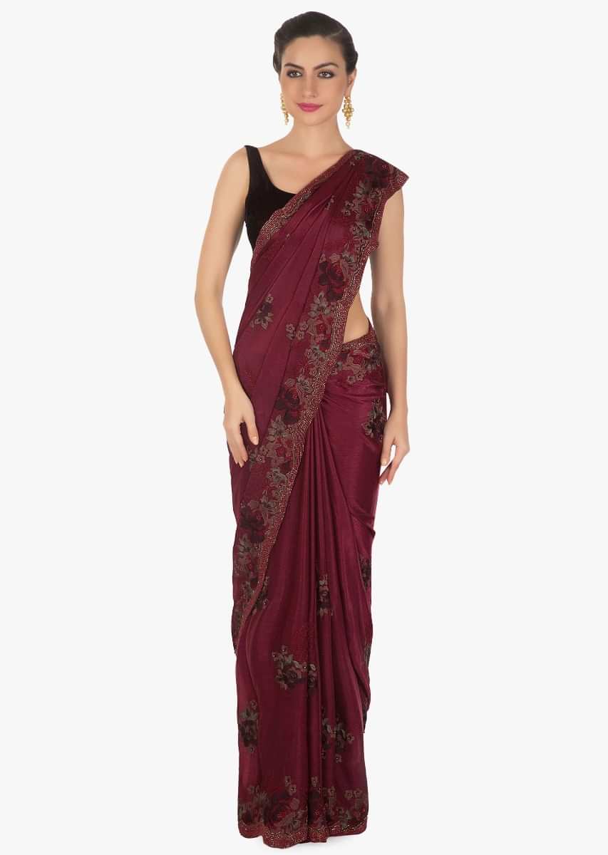 Mulberry Purple Saree Adorned In Resham And Moti Embroidered Butti And Border Online - Kalki Fashion