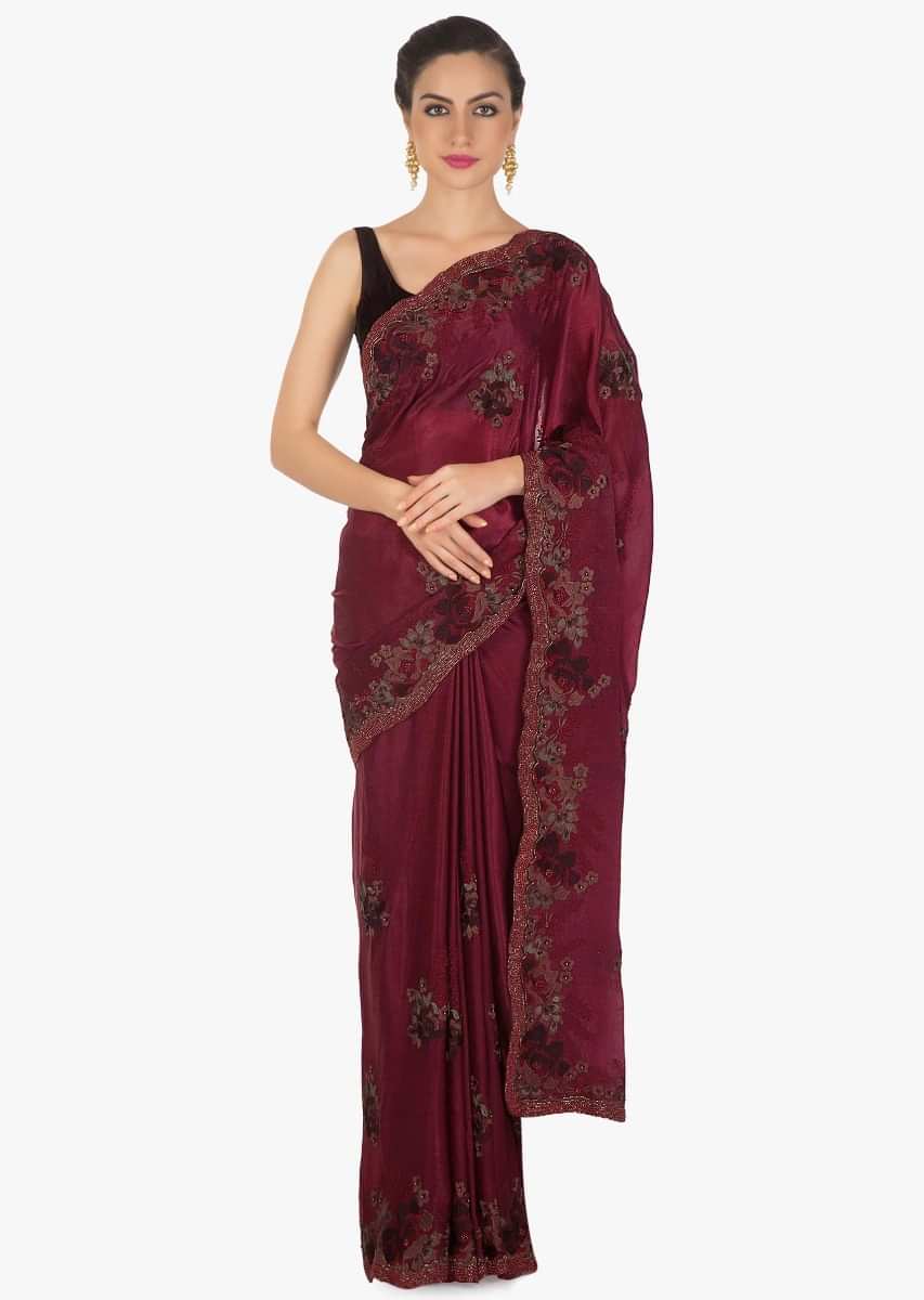 Mulberry Purple Saree Adorned In Resham And Moti Embroidered Butti And Border Online - Kalki Fashion
