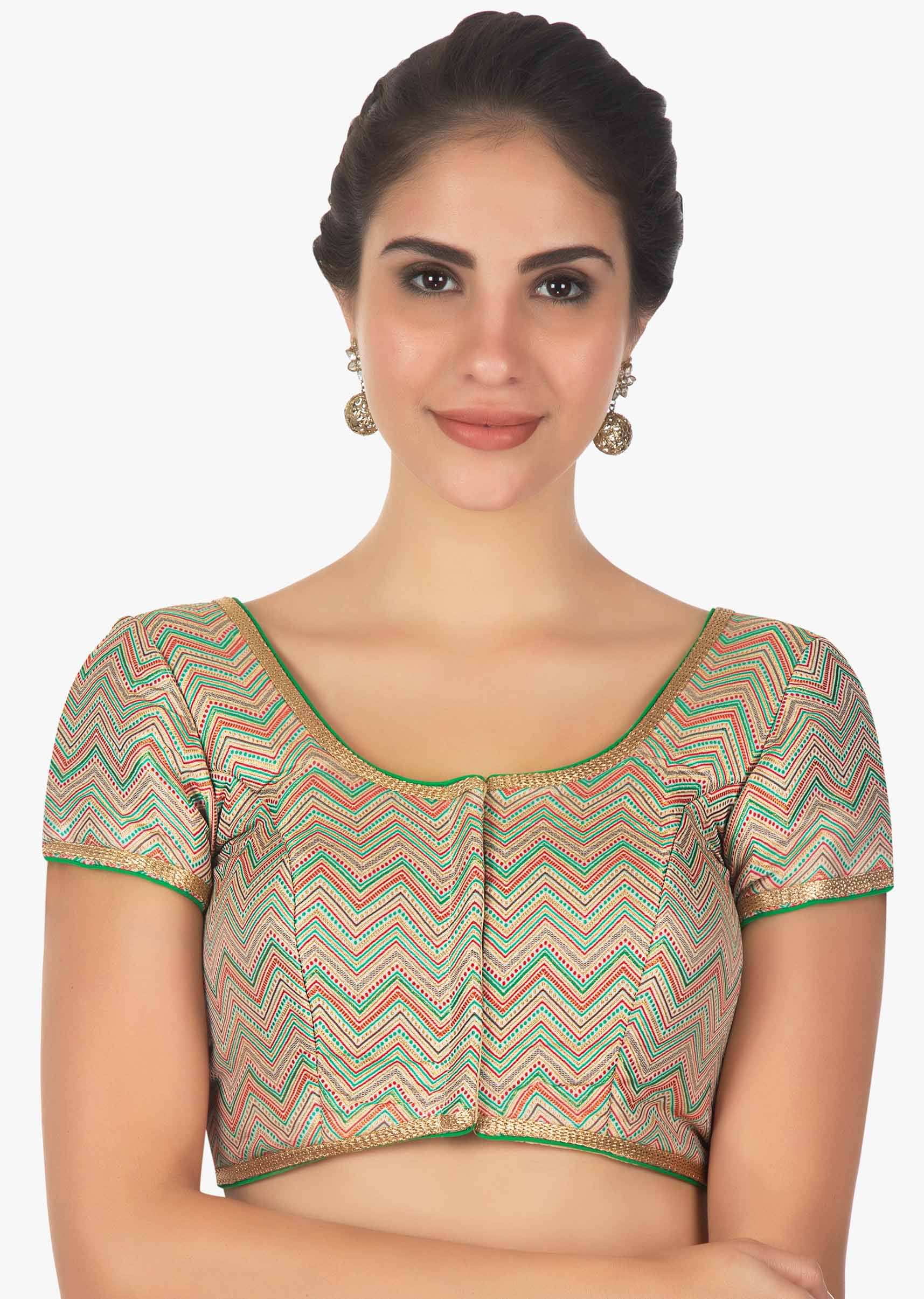 Multi color brocade blouse designed in zig zag lines