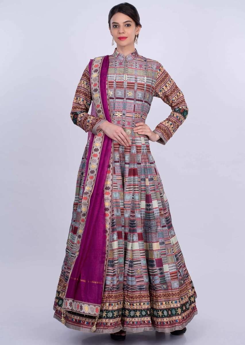Multi color cotton silk anarkali dress in tribal and geometric print only on Kalki