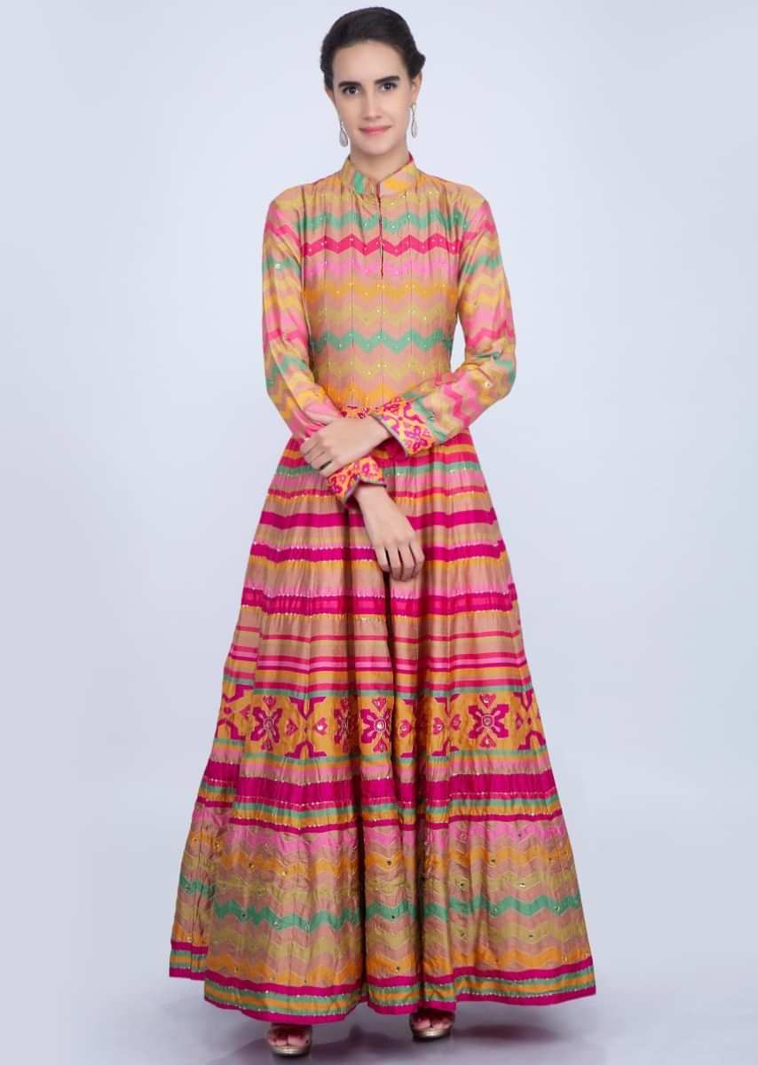 Multi Color Anarkali In Cotton Silk With Abstract And Tribal Motif Online - Kalki Fashion