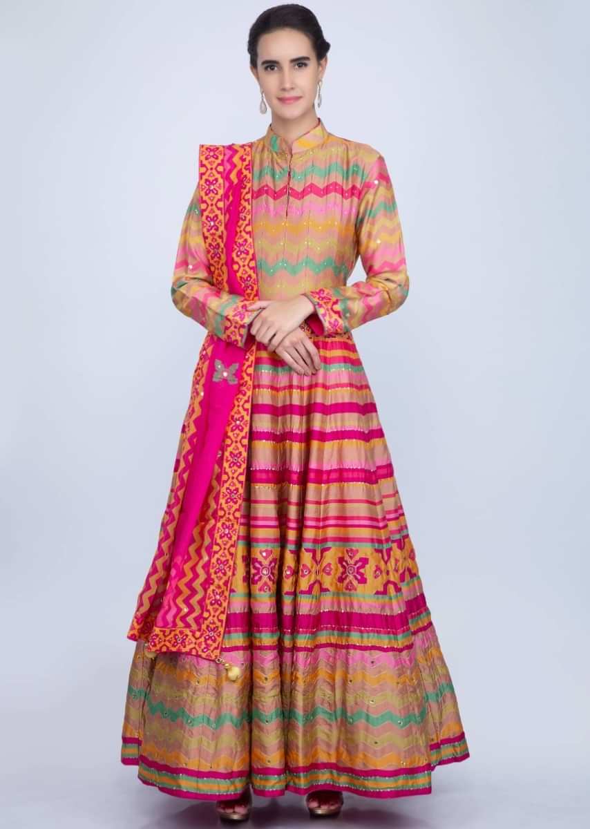 Multi Color Anarkali In Cotton Silk With Abstract And Tribal Motif Online - Kalki Fashion