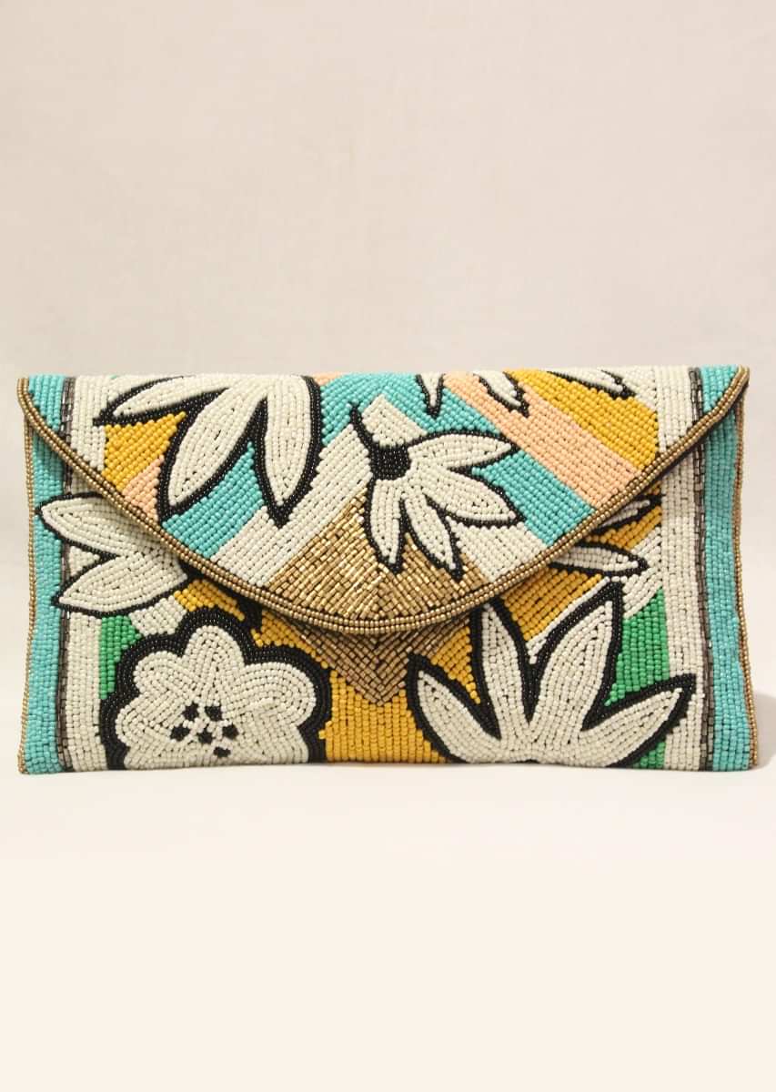 Multi Color Envelope Clutch With Hand Embroidered Cut Dana Work In Floral Motifs Online - Kalki Fashion