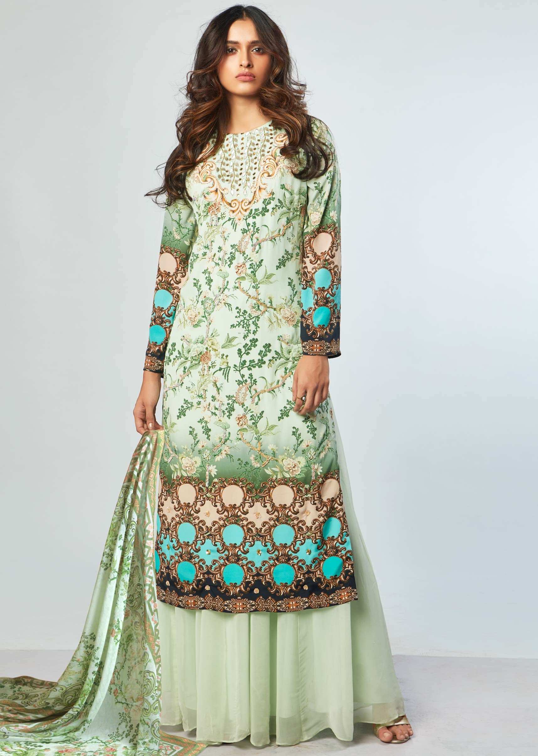 Multi color floral printed embroidered suit with georgette palazzo and printed dupatta 