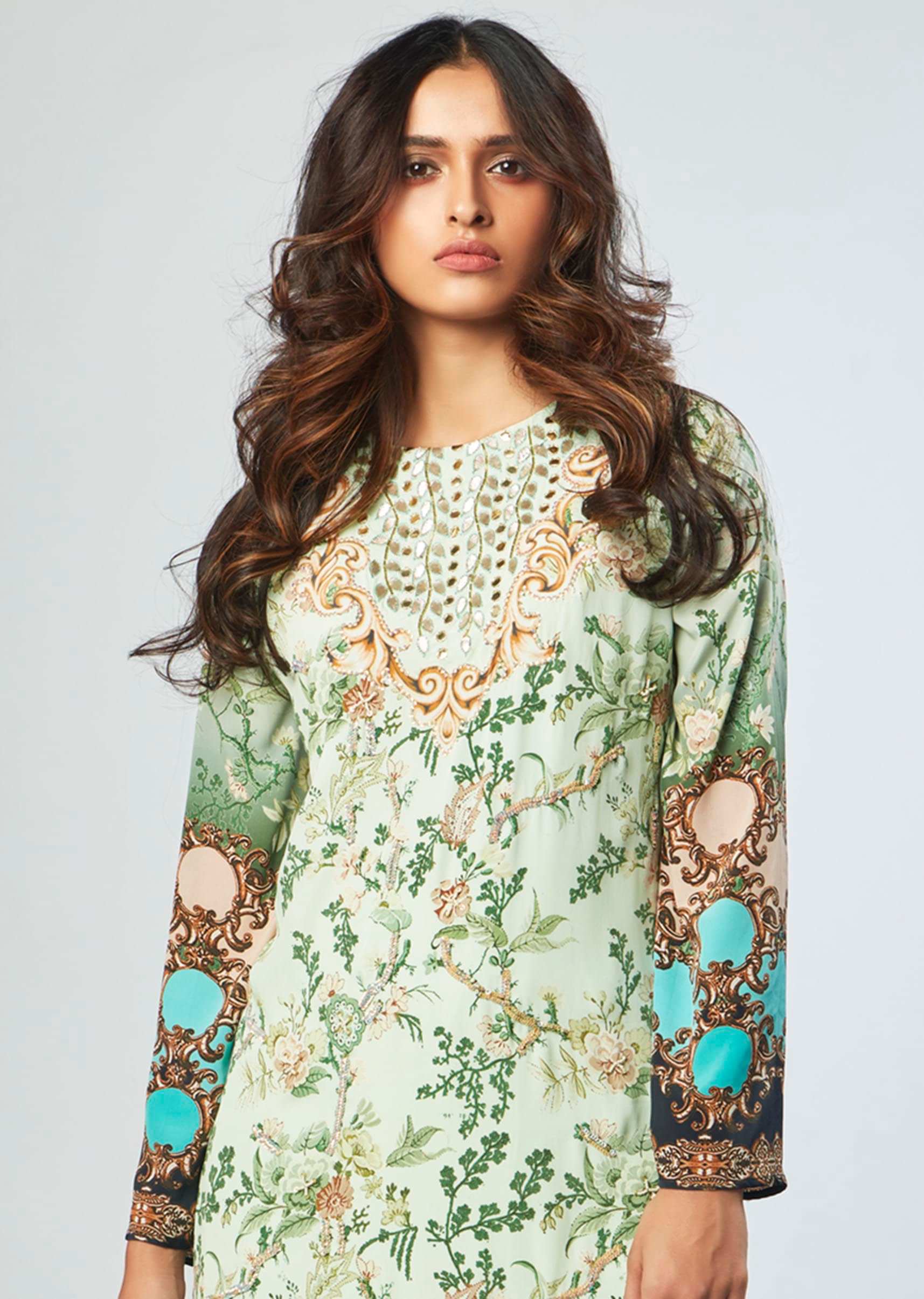 Multi color floral printed embroidered suit with georgette palazzo and printed dupatta 