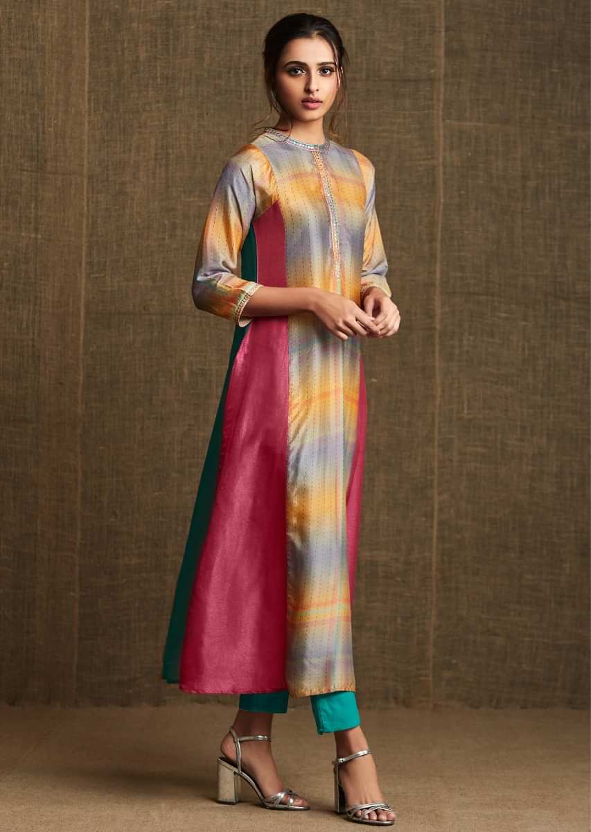Multi Color Kurti In Crepe Silk With Embroidered Collar And Placket Online - Kalki Fashion
