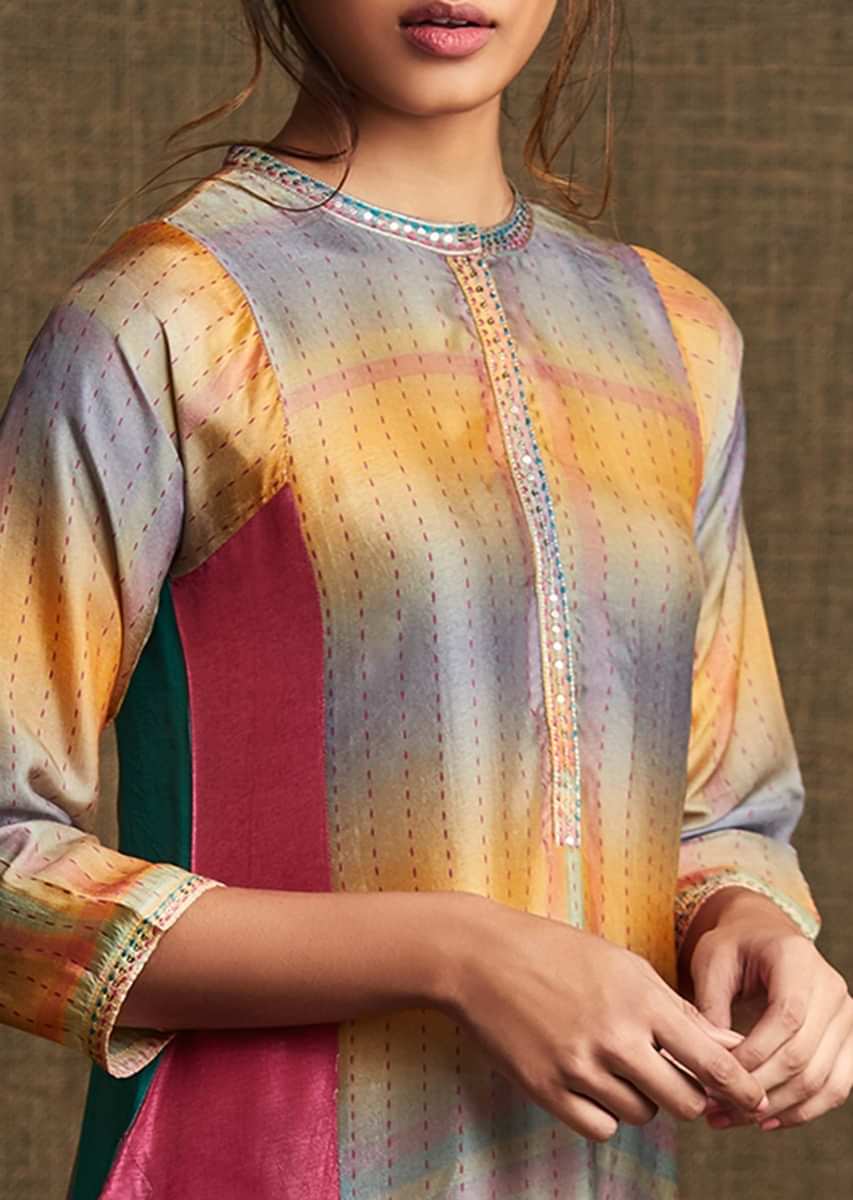 Multi Color Kurti In Crepe Silk With Embroidered Collar And Placket Online - Kalki Fashion