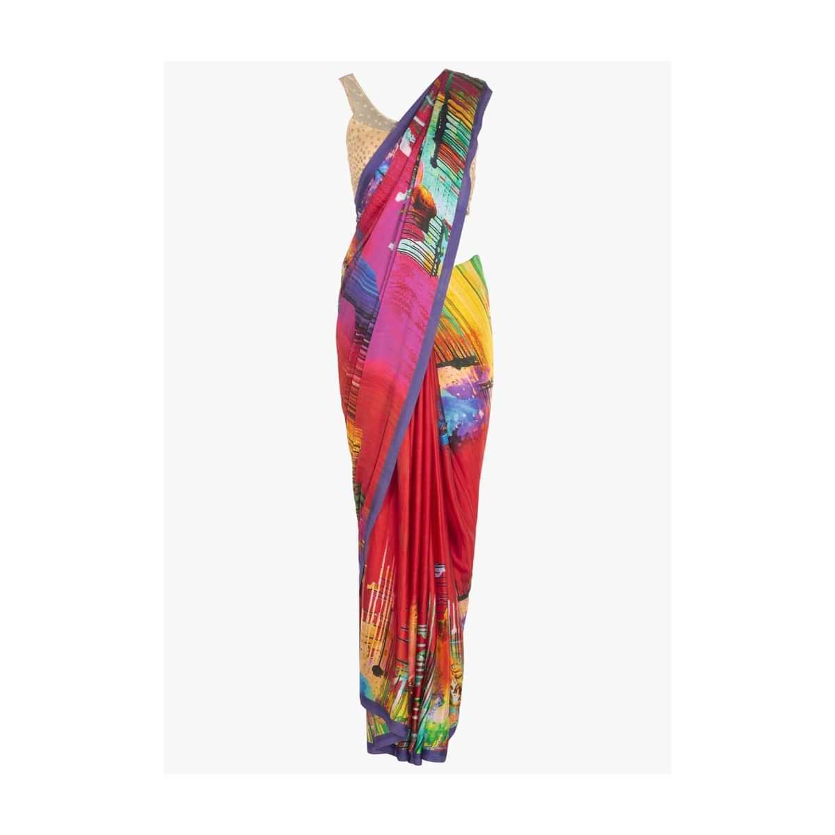 Multi color printed saree in satin fabric only on Kalki 