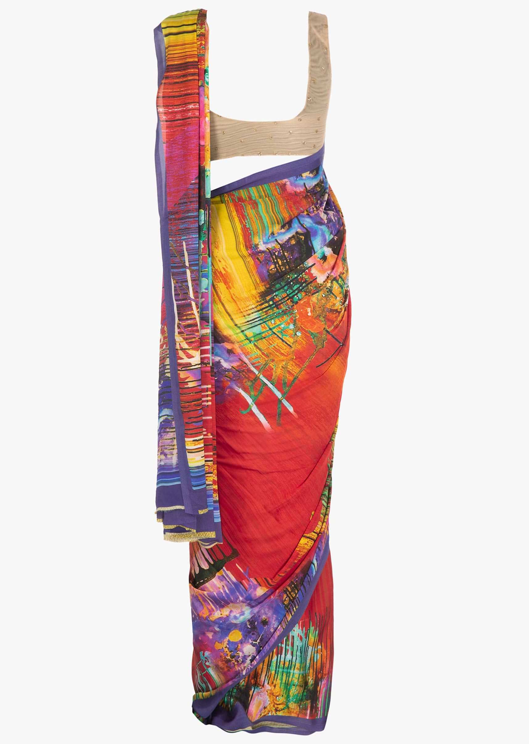 Multi color printed saree in satin fabric