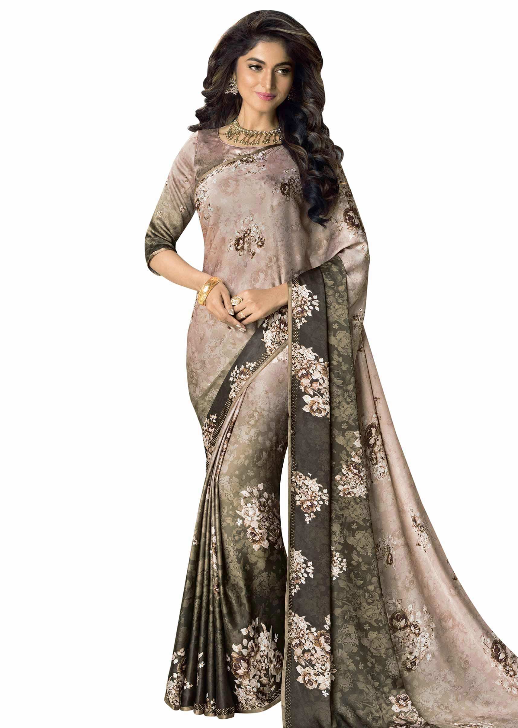 Multi color saree in shade of brown with floral print and kundan embroidery 