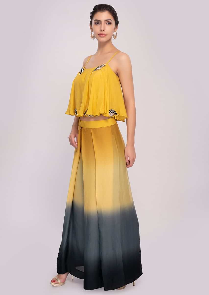 Multi Color Pleated Palazzo With Shaded Effect Paired With An Embroiderd Strap Crop Top Online - Kalki Fashion