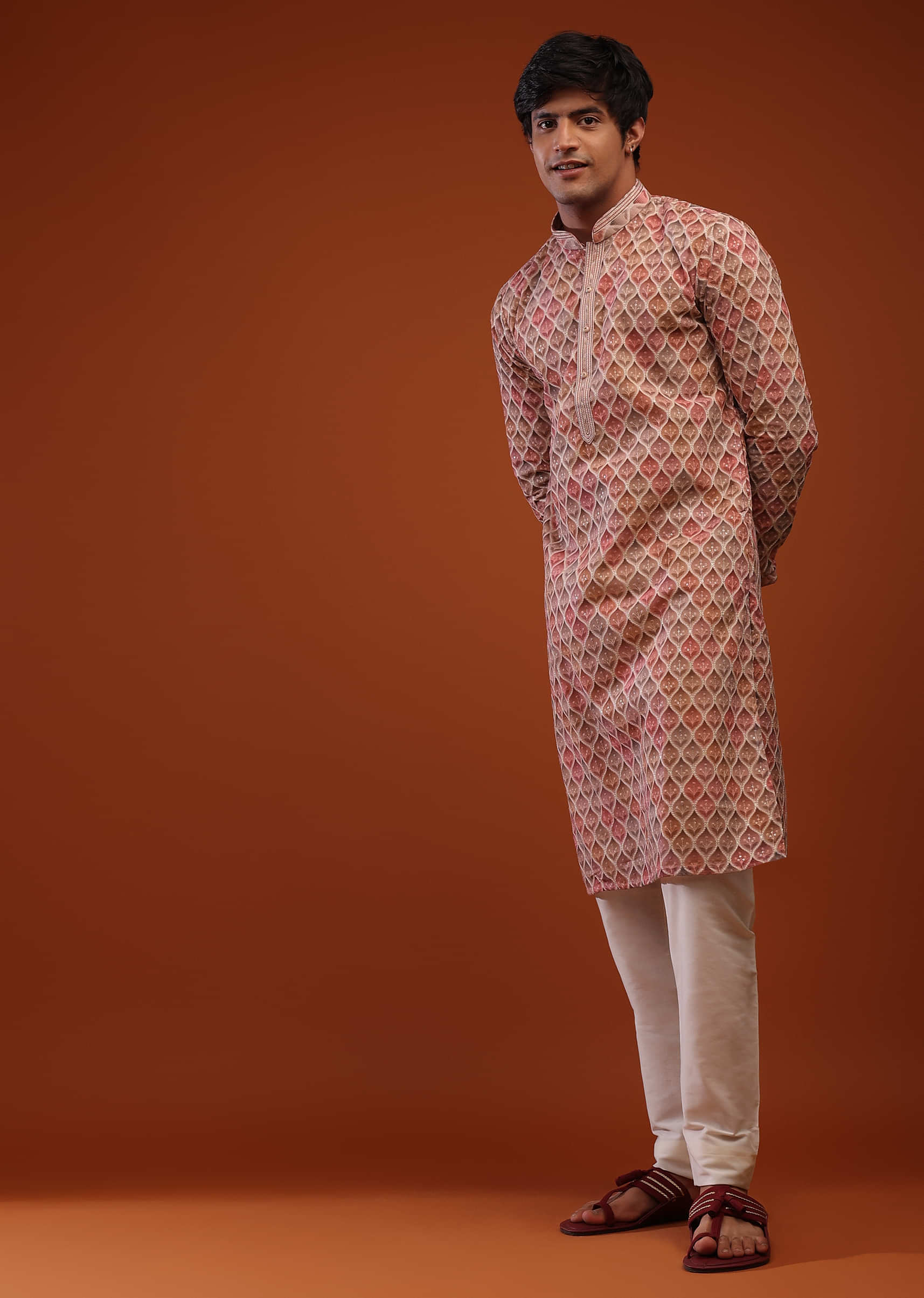 Multi-Color Georgette Kurta In Shaded Block Print, Sequins Embroidery And Floral Buttis  