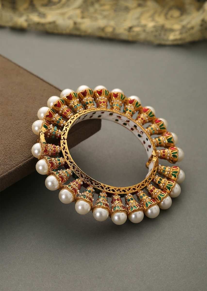 Multi Colored Bangle Encrusted With Shell Pearls And Minakari Detailing In Red And Green By Paisley Pop