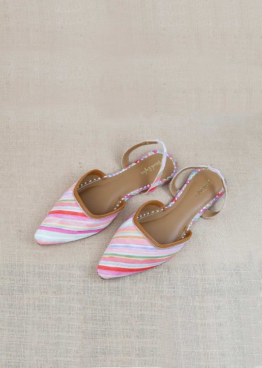 Multi Colored Mules With Back Strap Featuring Diagonal Striped Print And Braided Rose Gold Zari By Vareli Bafna
