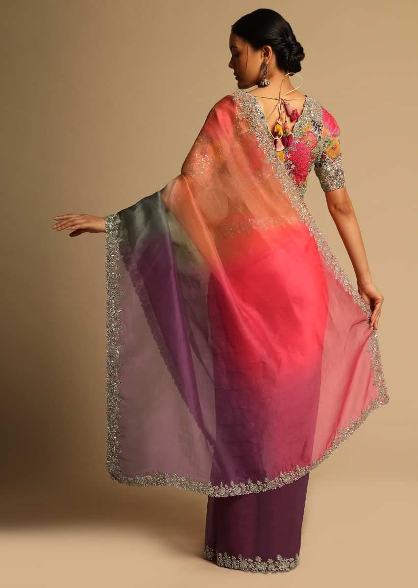 Multi Colored Saree In Organza With Shaded Design And Cut Dana Embroidery Along With Ready Stitched Blouse