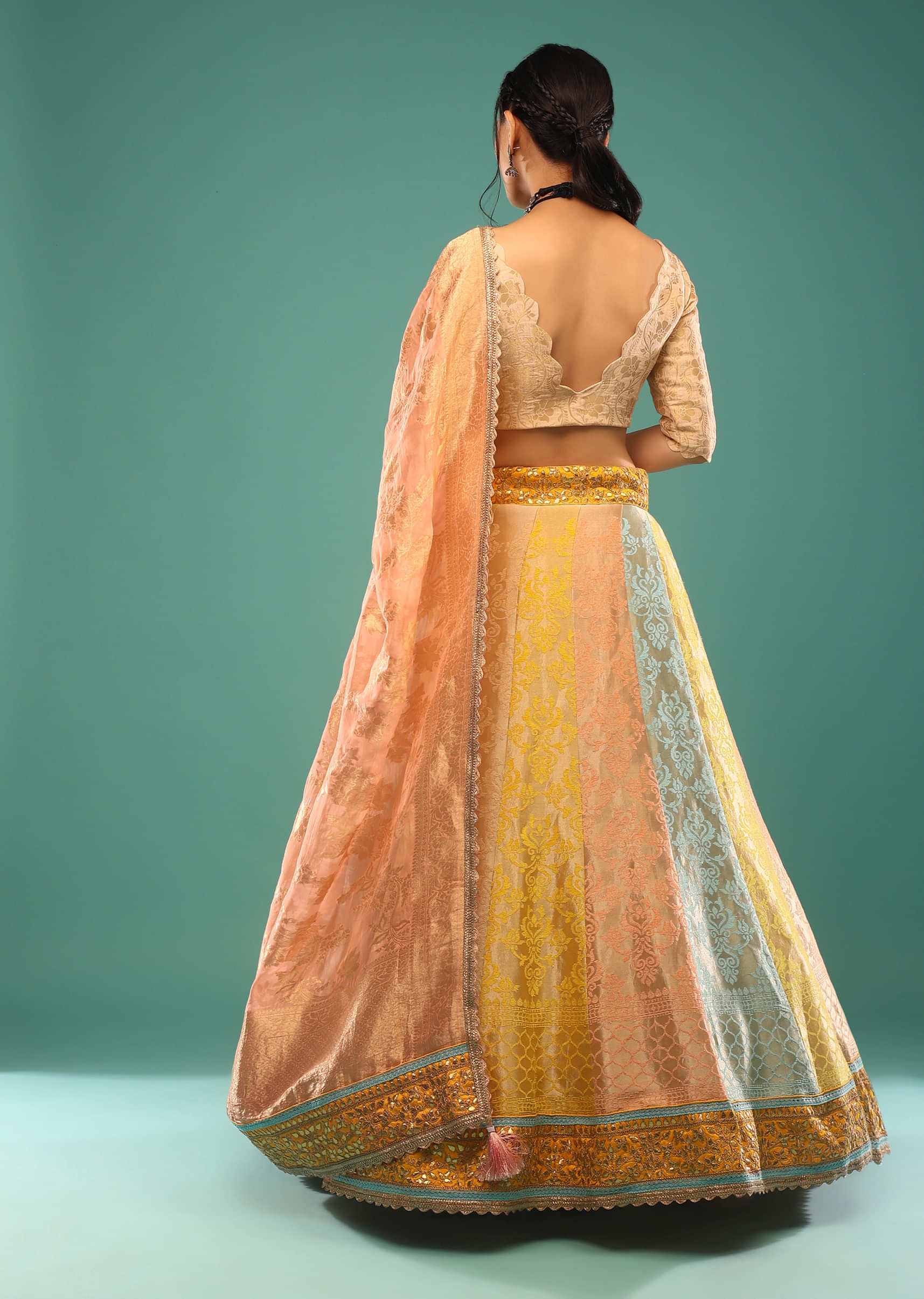 Multi-Colored Brocade Lehenga In Gotta Patti Embroidery,Paired With The Choli And Dupatta In Gotta Patti And Moti Embroidery