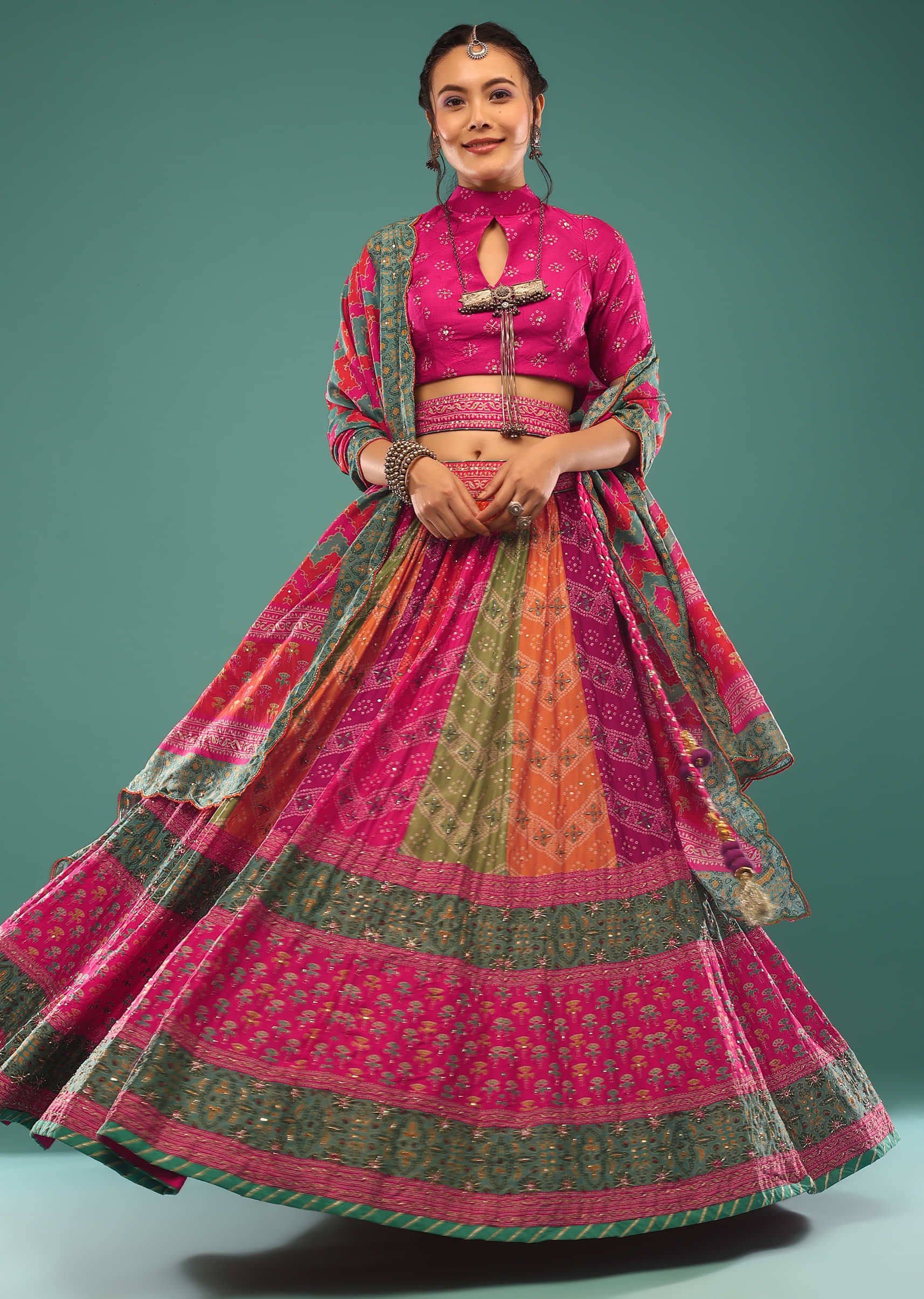 Buy Multi-Colored Lehenga In Bandhani And Jaipuri Folk Print, Paired With  The Dupatta And Choli In Sequins And Cut Dana Embroidery.
