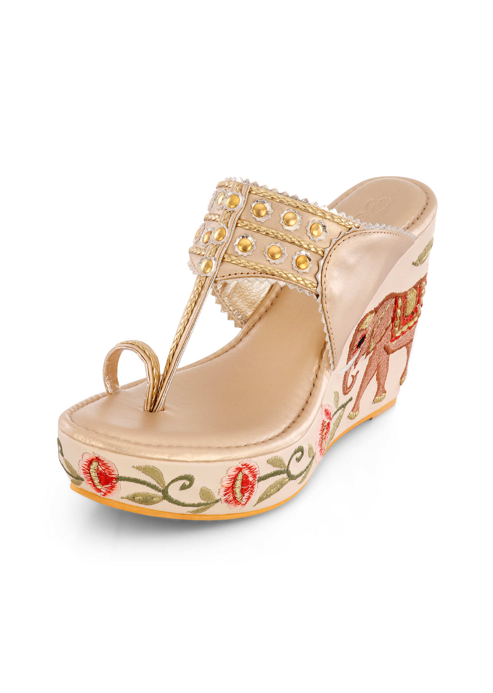 Buy Multi-Colored Royal 4-Incha Kolhapuri Wedges With Embroidered Flowers