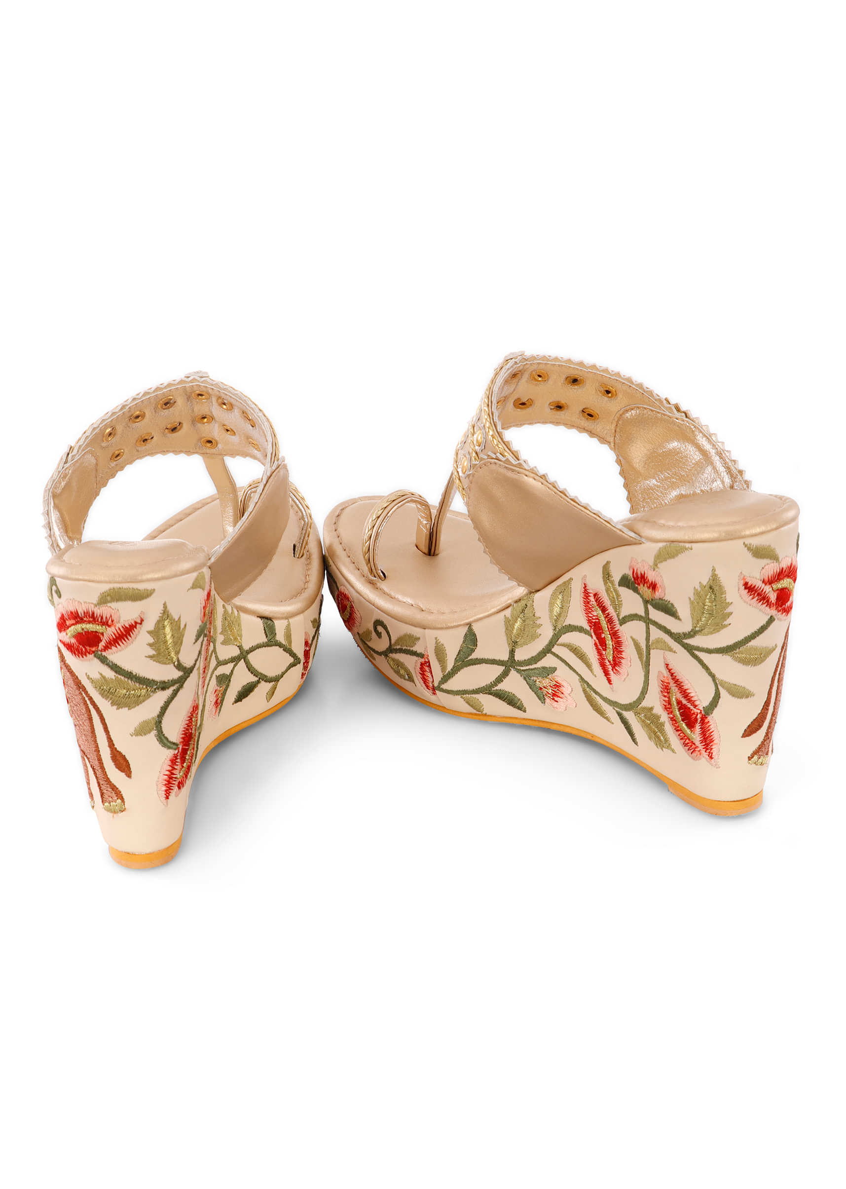 Multi-Colored Royal 4-Incha Kolhapuri Wedges With Embroidered Flowers
