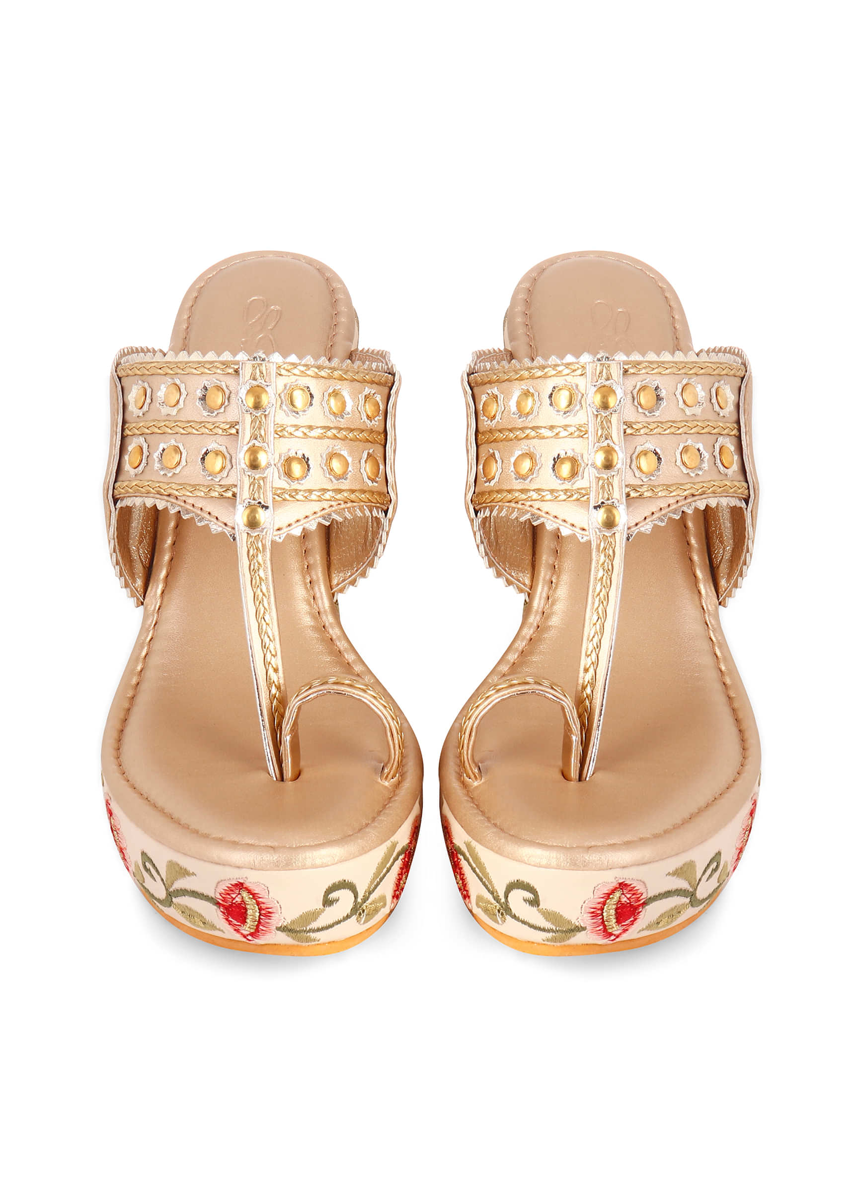 Multi-Colored Royal 4-Incha Kolhapuri Wedges With Embroidered Flowers