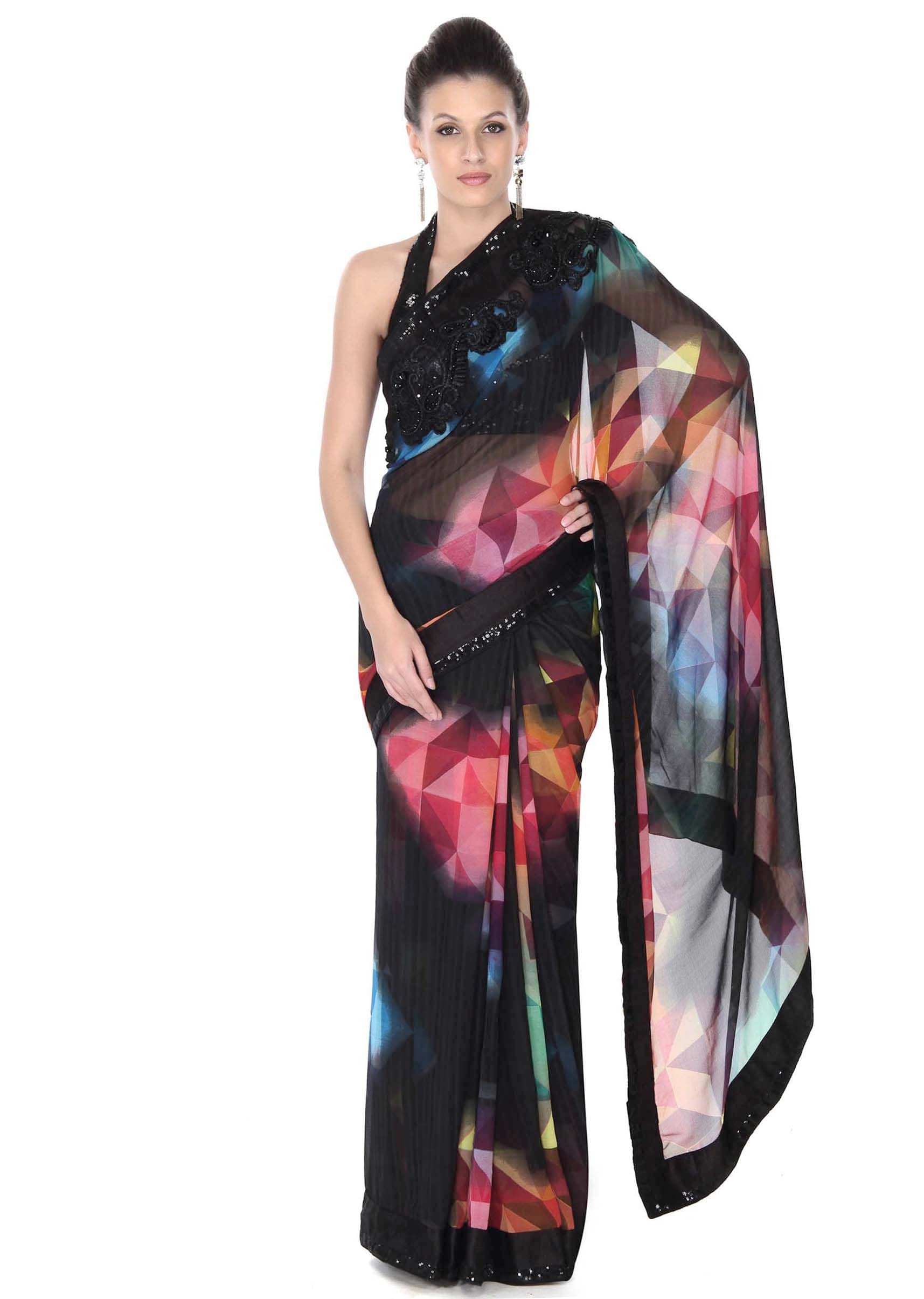 Multi color geometric printed saree with sequin border only on Kalki