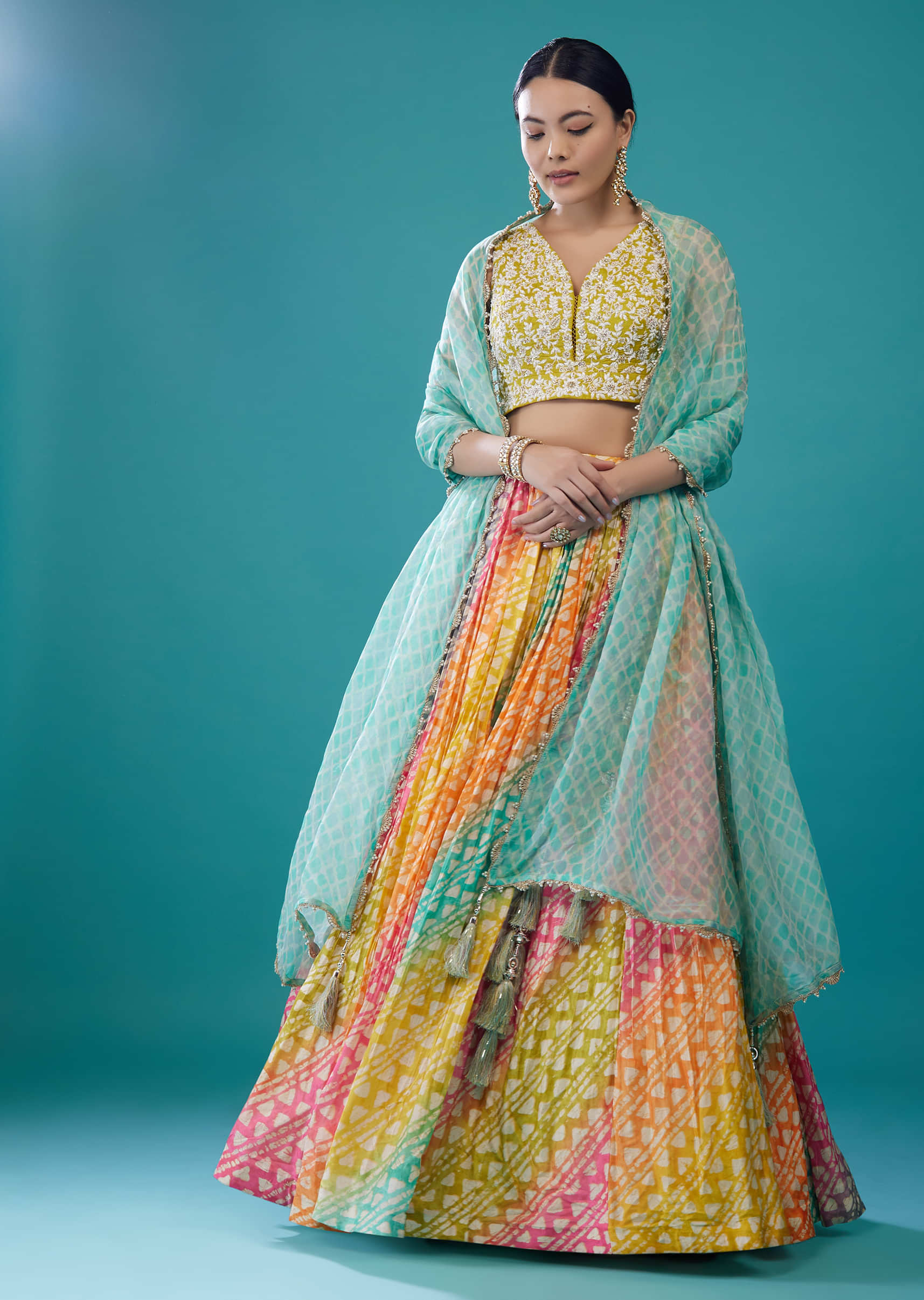 Multi-Coloured Embroidered Silk Leheriya Lehenga Set