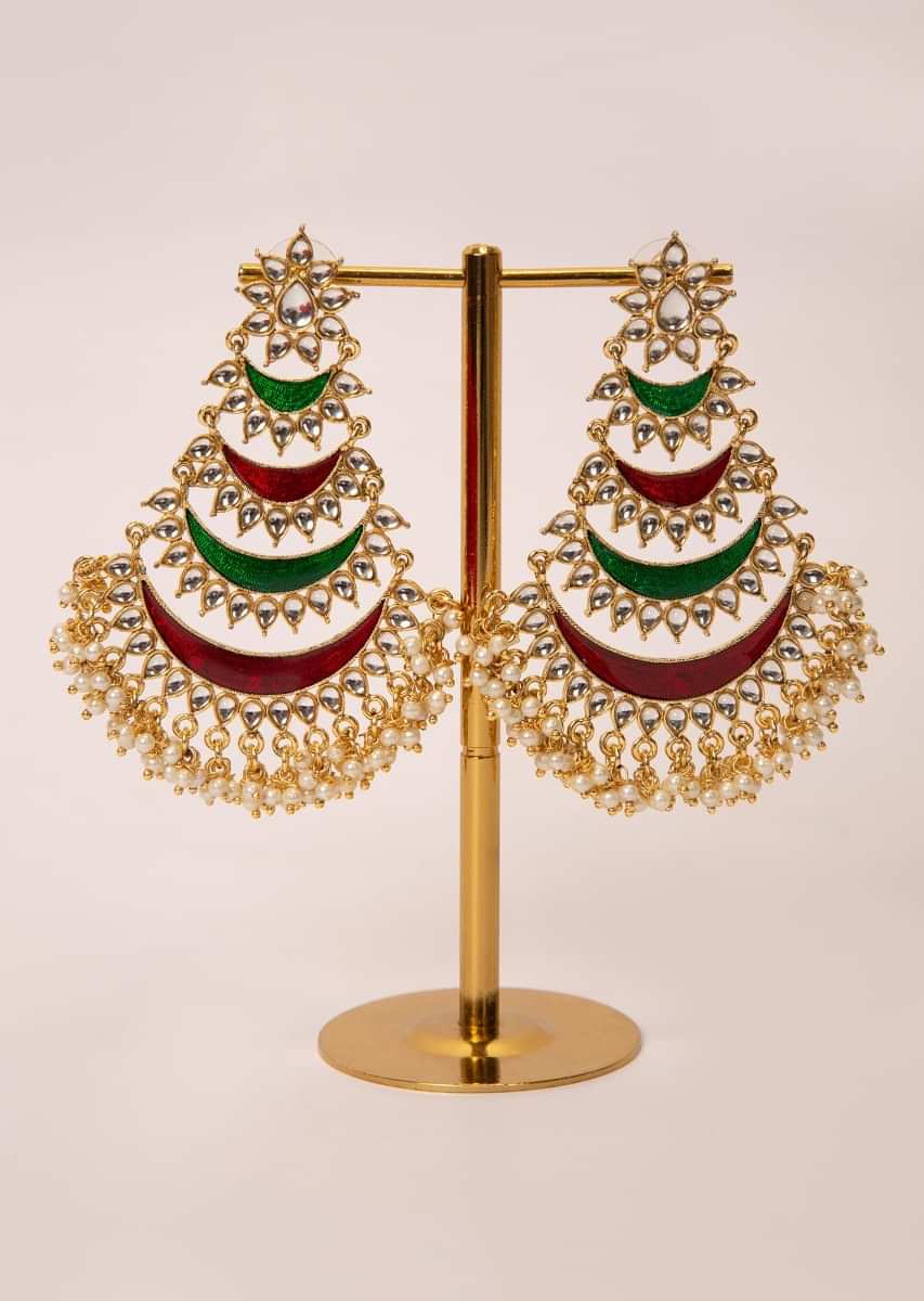 Multi layer traditional chandbali earring  with kundan and moti 
