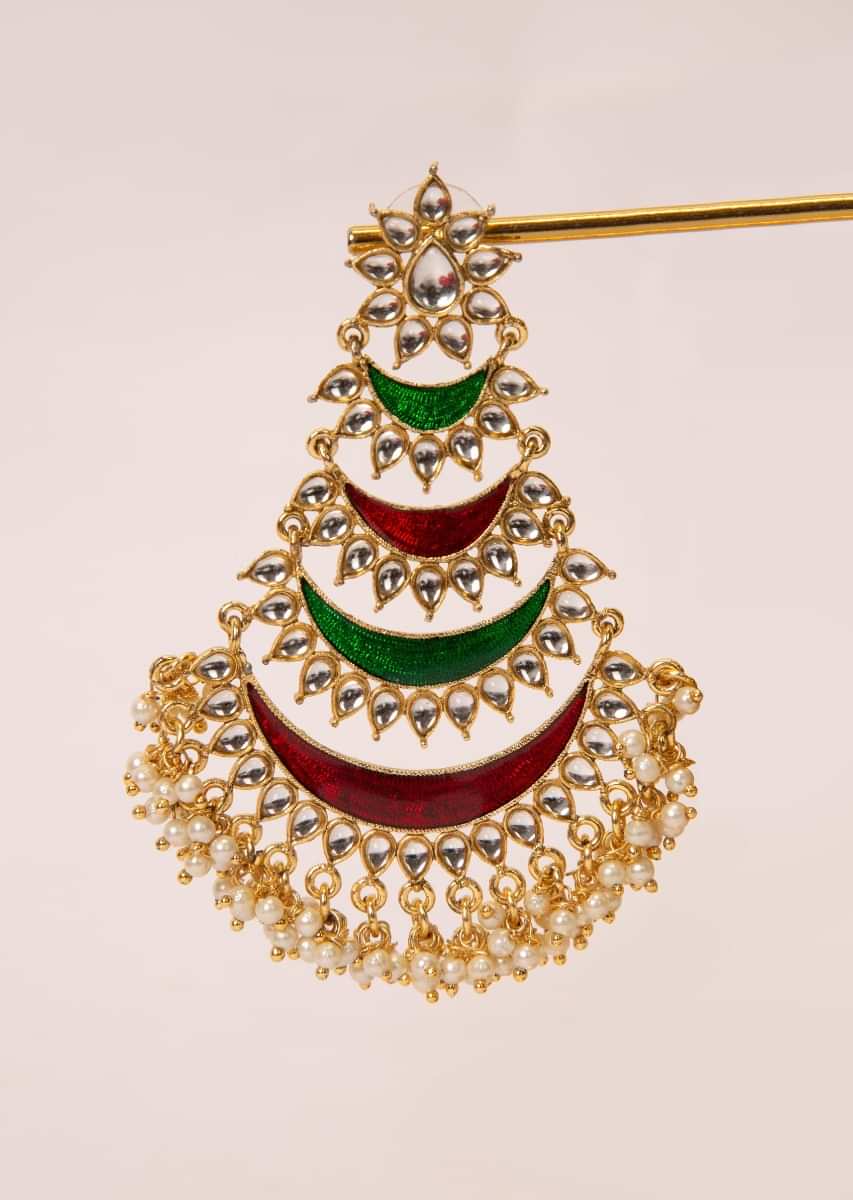 Multi layer traditional chandbali earring  with kundan and moti 