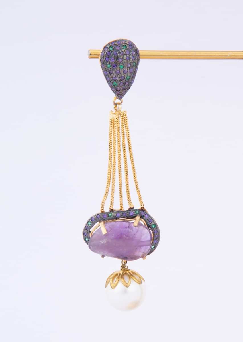 Multi String Long Tasseled Earring With Pearls And Amethyst Stone Online - Kalki Fashion