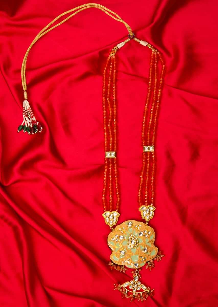 Multi string orange faceted bead necklace with peach meenakari pendant