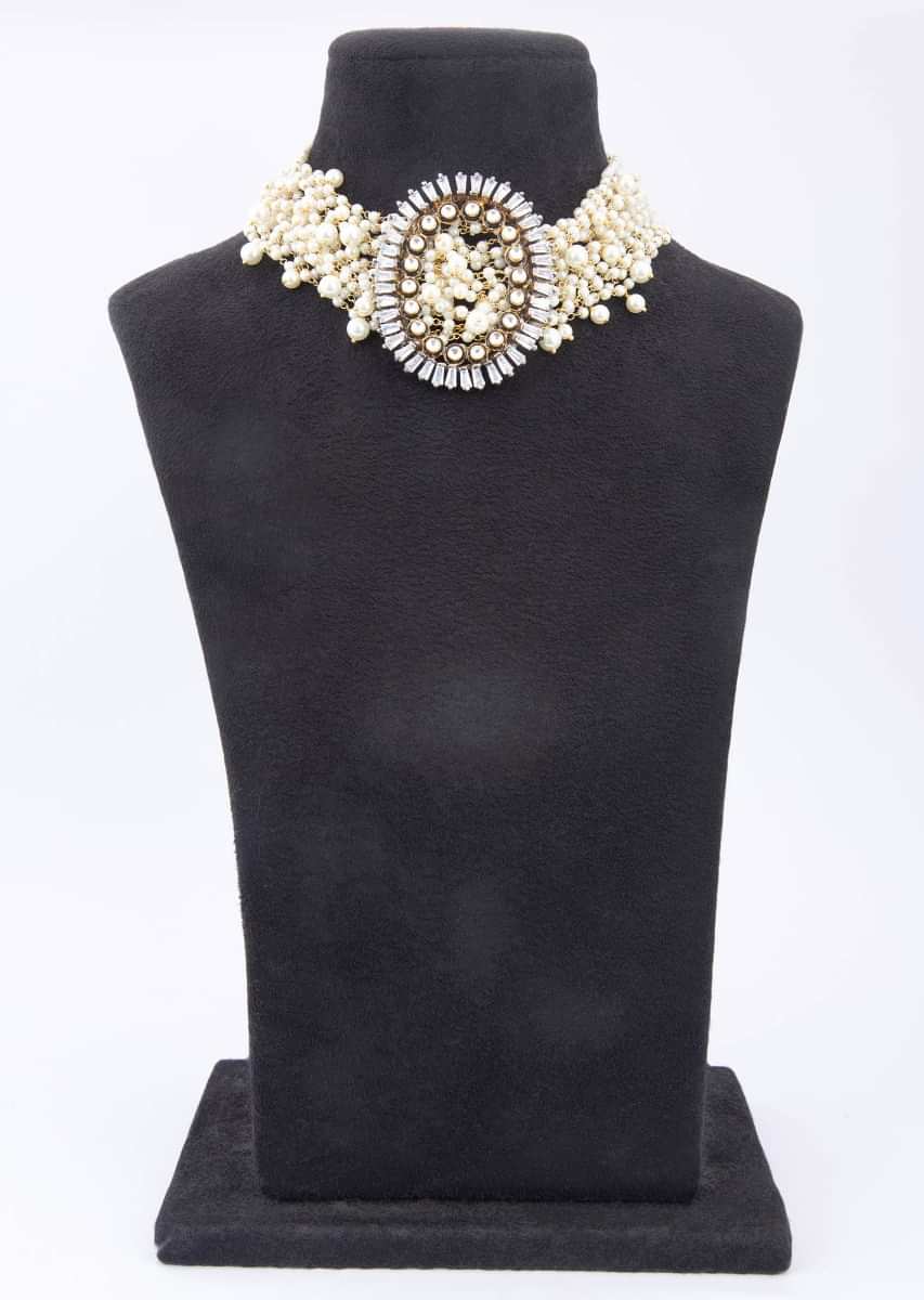 Multi string pearl studded chocker with oval  pendant adorn with kundan and Stone only on Kalki