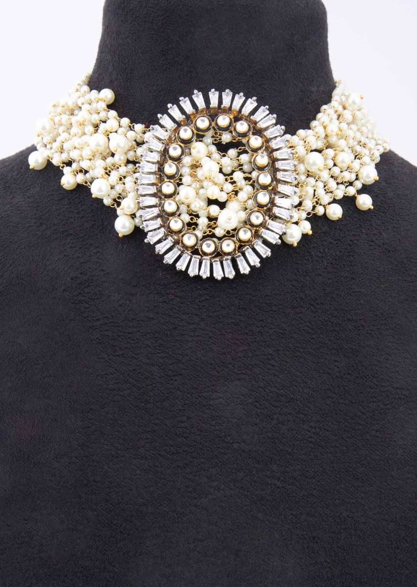 Multi string pearl studded chocker with oval  pendant adorn with kundan and Stone only on Kalki