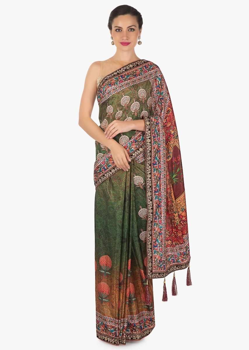 Multi color saree in cotton silk with flroal print with fancy tassel only on Kalki