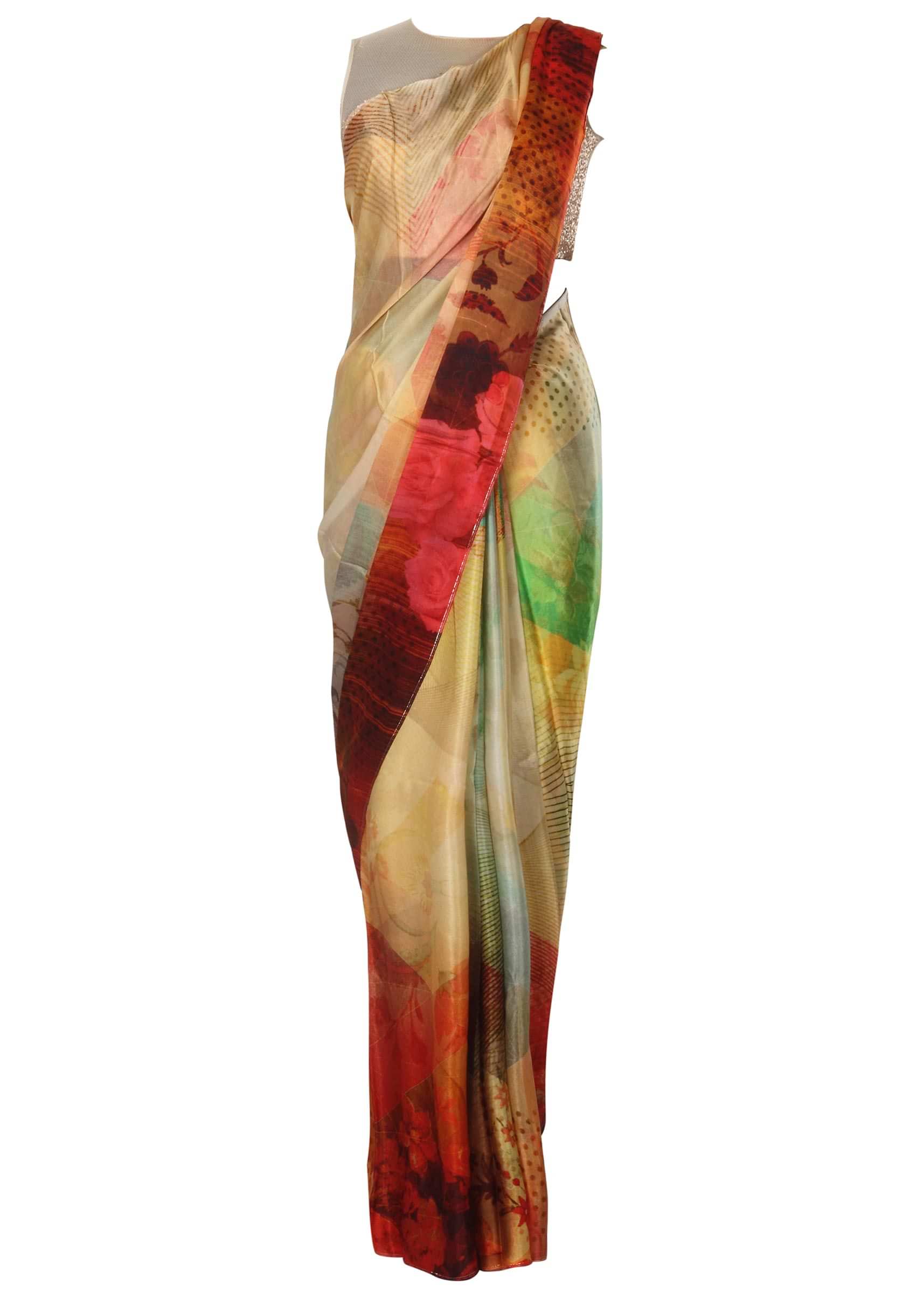 Multi color saree in satin with self print only on Kalki