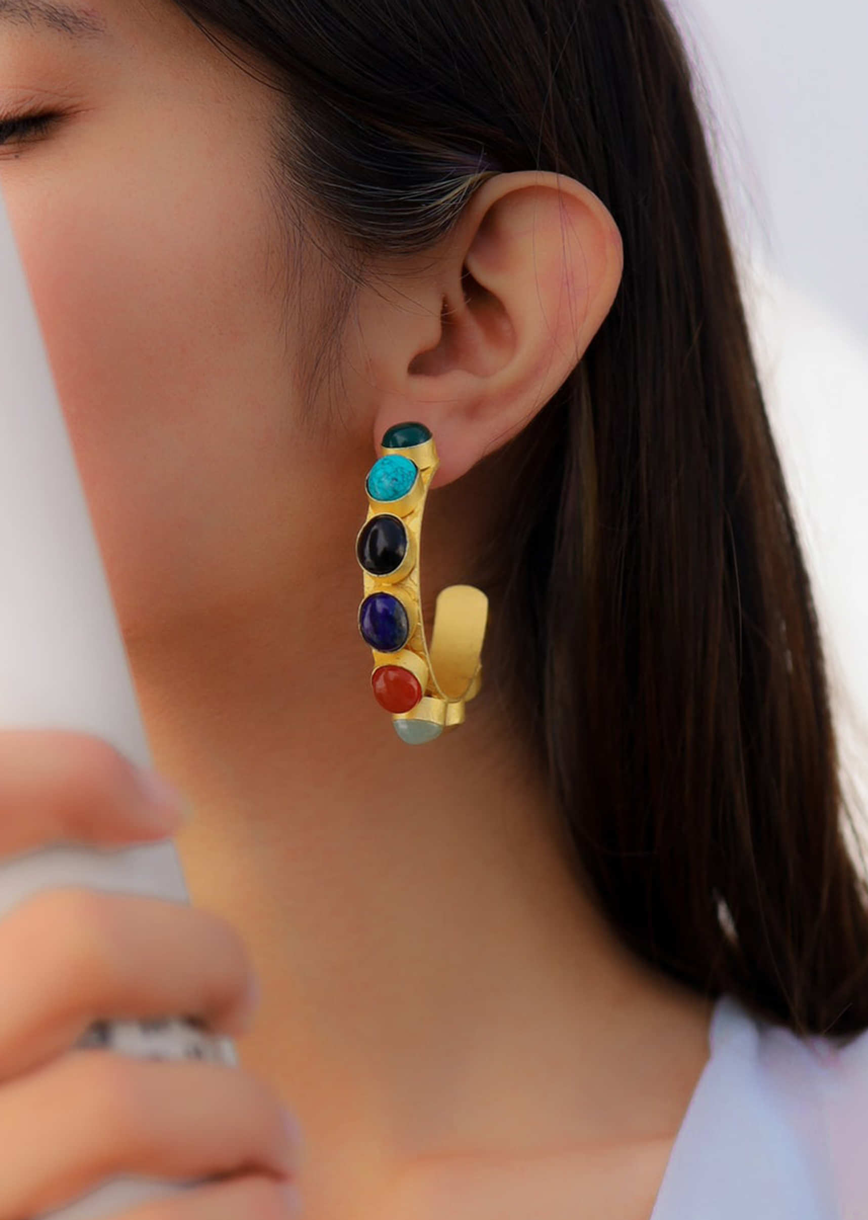 Multi Color Stones Gold Hoops Earrings