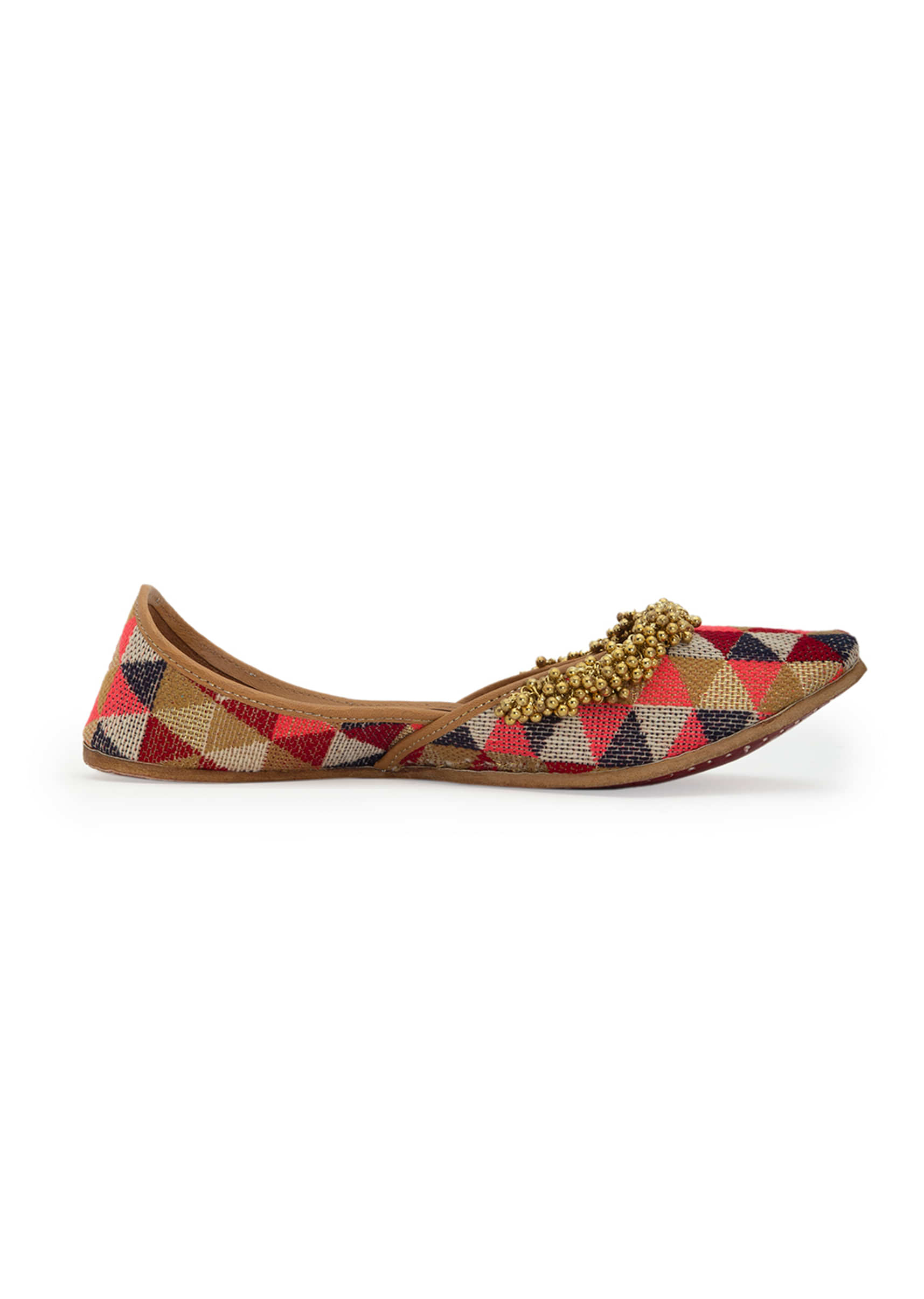 Multi Colored Juttis In Geometric Printed Jacquard With Tiny Ghungroos By 5 Elements