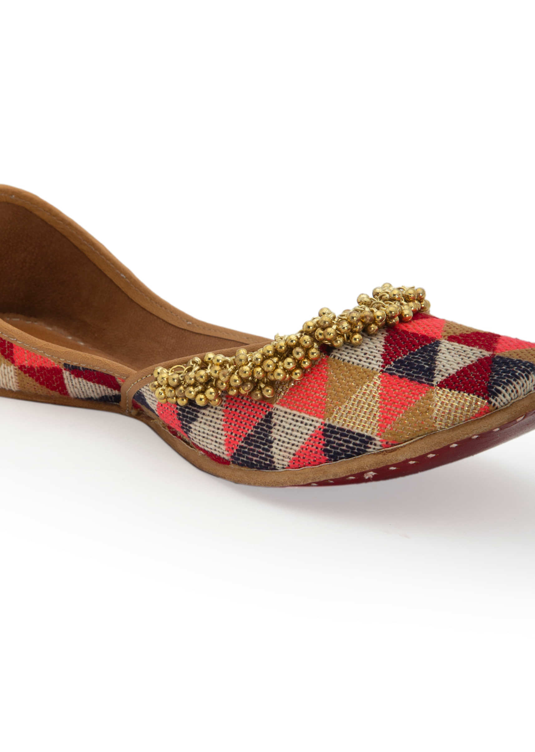 Multi Colored Juttis In Geometric Printed Jacquard With Tiny Ghungroos By 5 Elements